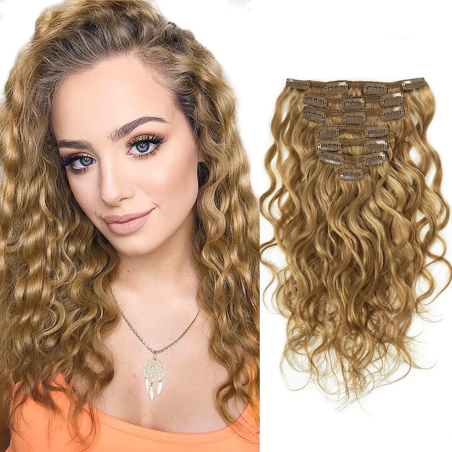 Lacerhair Human Hair Curly Clip in Extensions Jerry Curly 9A 16 Inch Blonde Clip in Natural Wave Human Hair 120G for Women Wavy 