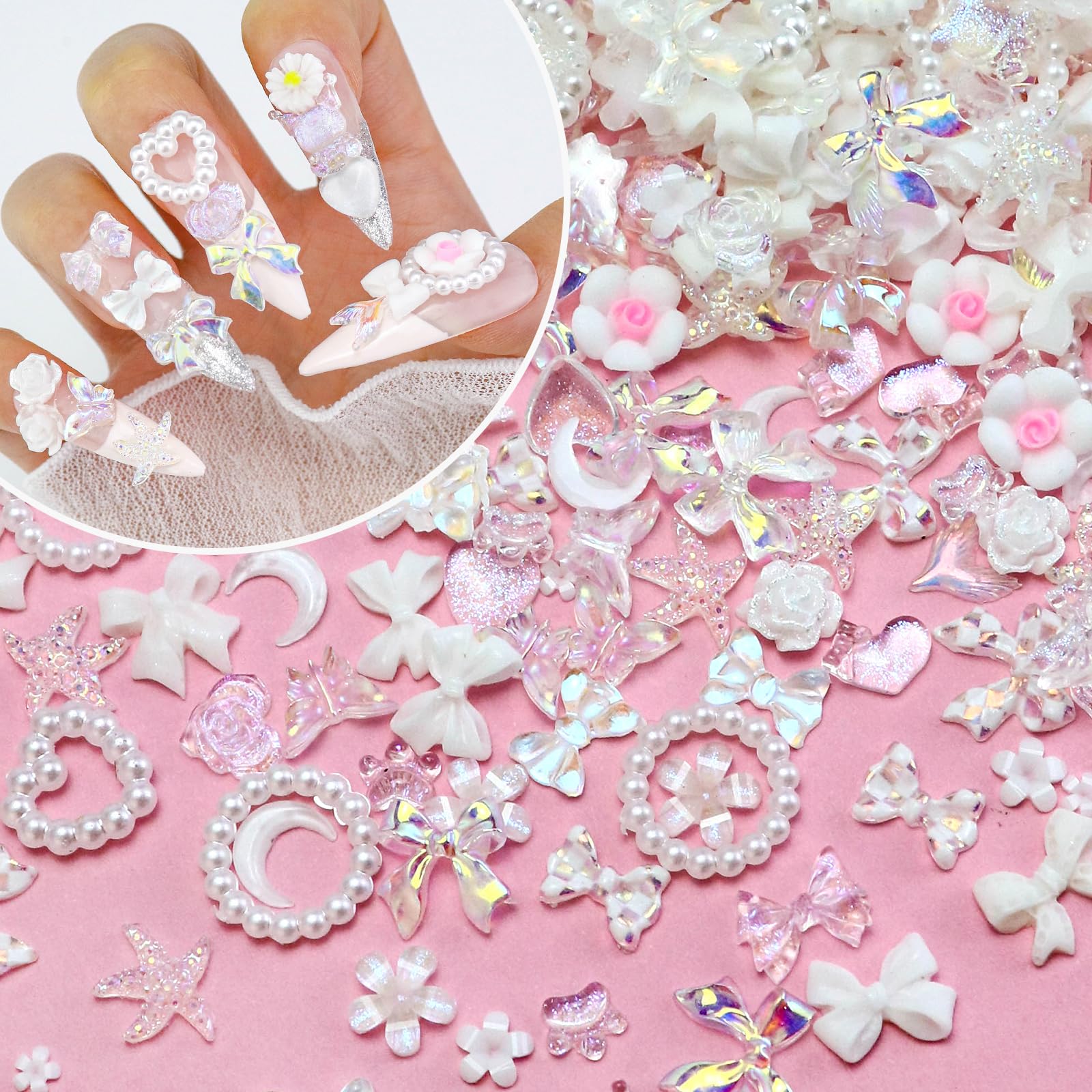 Briskbloom 320PCS White Assorted Mix 3D Nail Charms, Cute Resin Charms for Acrylic Nail Decoration DIY Crafts, Flatback Kawaii Y