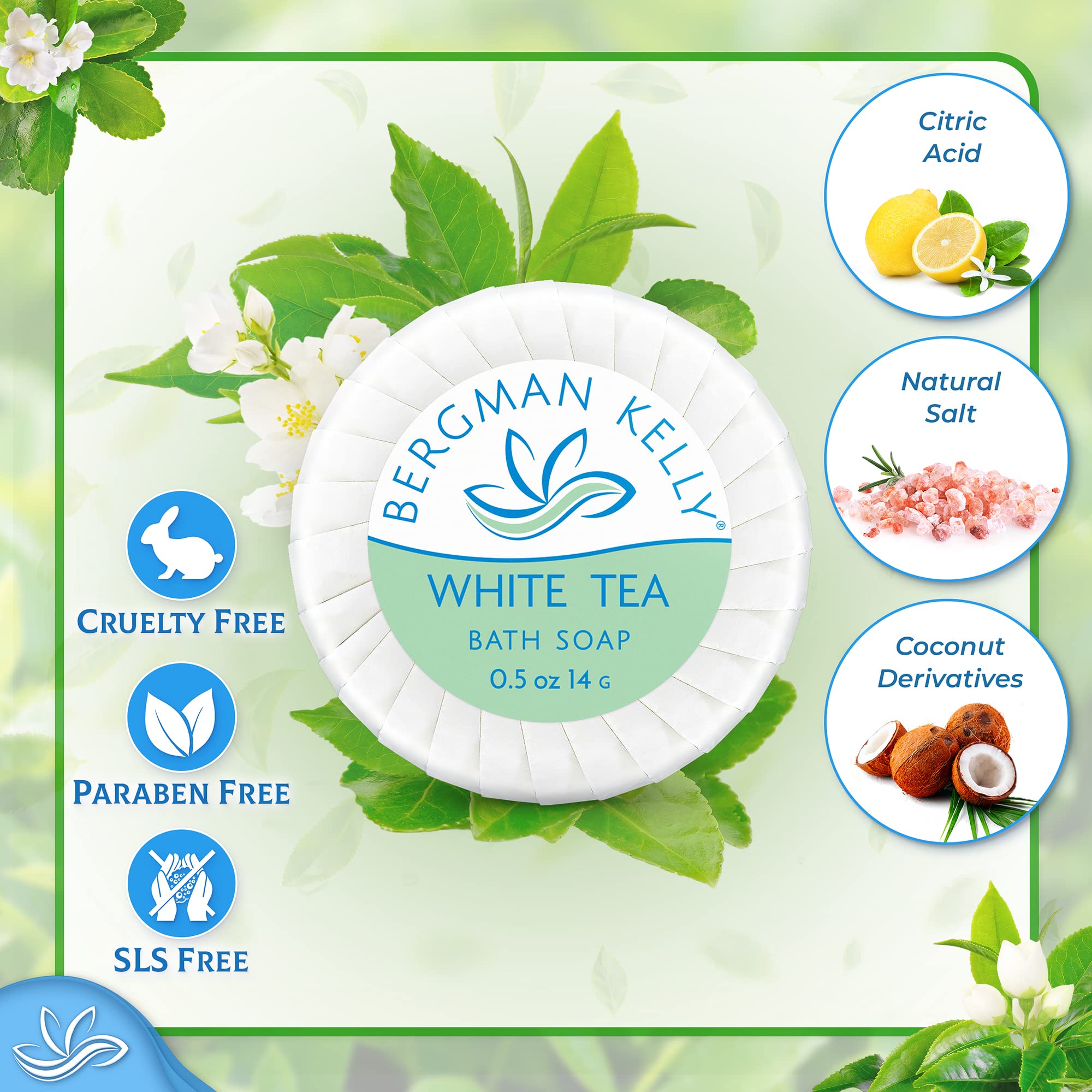 Bergman Kelly - Hotel Soap Bars - White Tea, 0.5 Oz, 100 Pk - Travel Size Luxury Bulk Amenities Bar Soap, Mini Individually Wrap