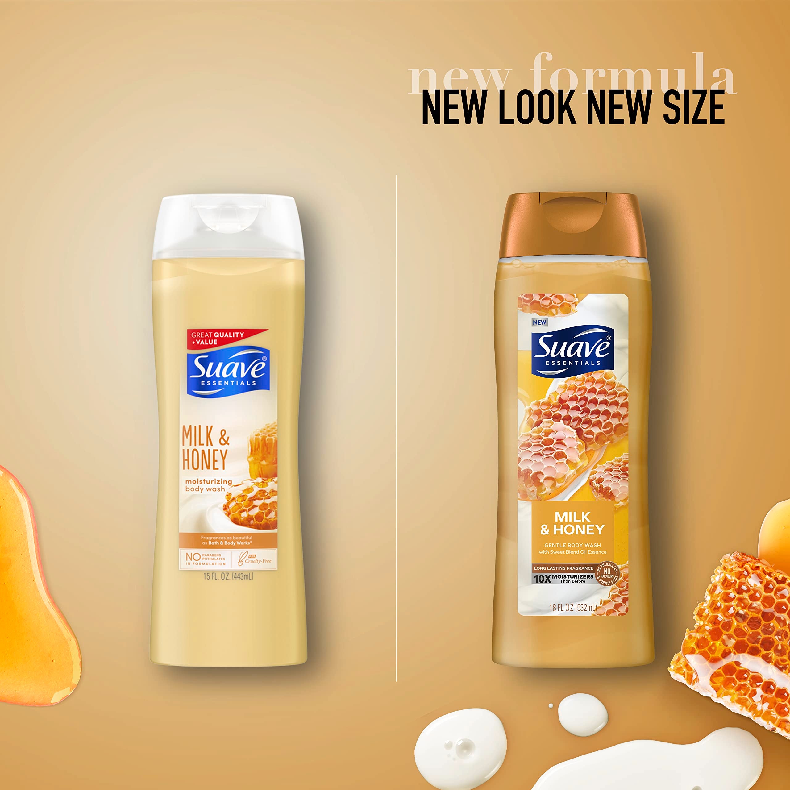 Suave Essentials Gentle Body Wash Milk & Honey 6 Count With A Sweet Oil Blend Essence Infused With Vitamin E & Honey Extract 18