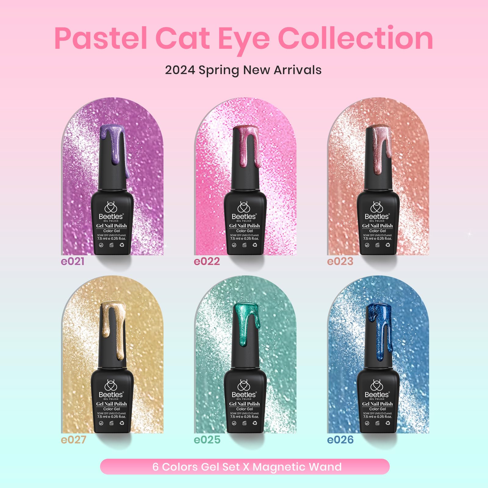 Beetles Spring Gel Nail Polish Set, 6 Colors Cat Eye Gel Nail Set Glitter Velvet Valentines Gel Polish Kit With Magnet Fairytale