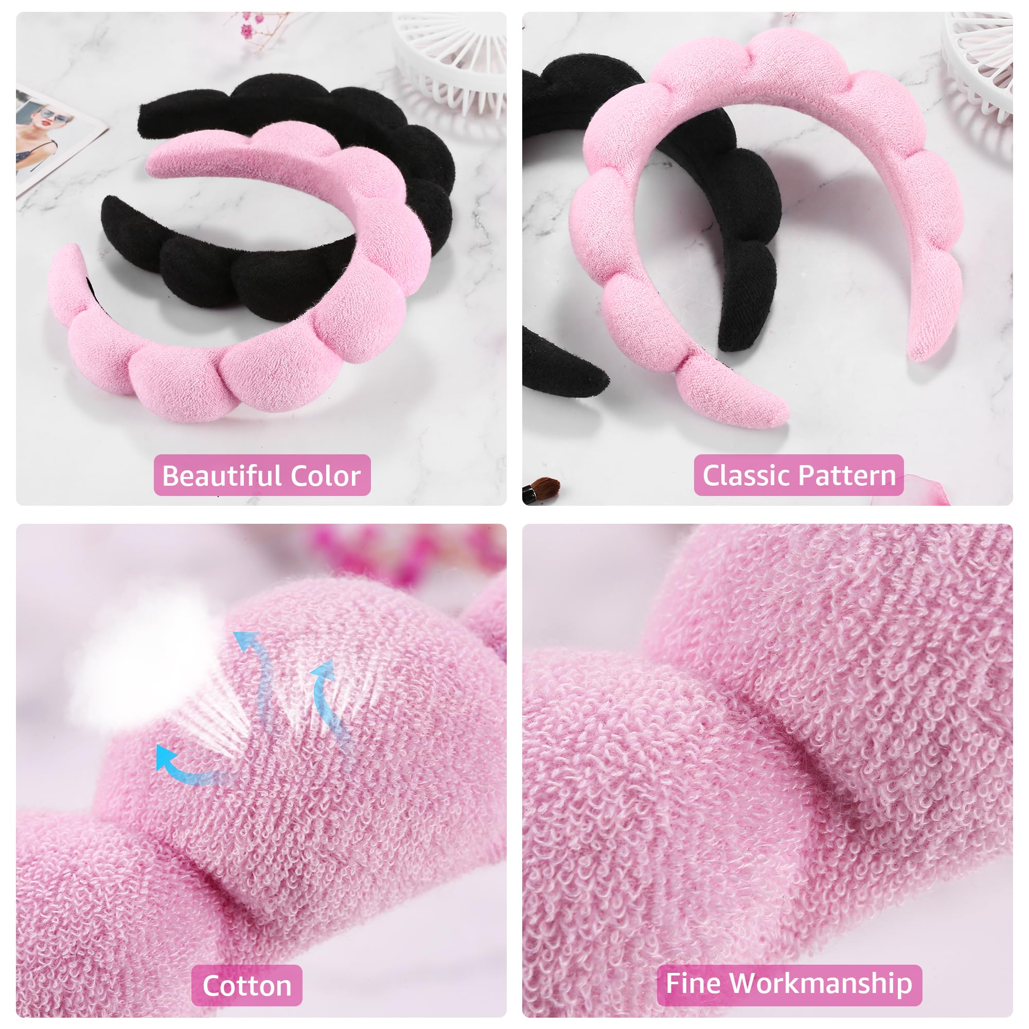 Ztomine Spa Headbands Set of 2 - Terry Cloth Makeup Headbands for Washing Face, Pink & Black, Model 01