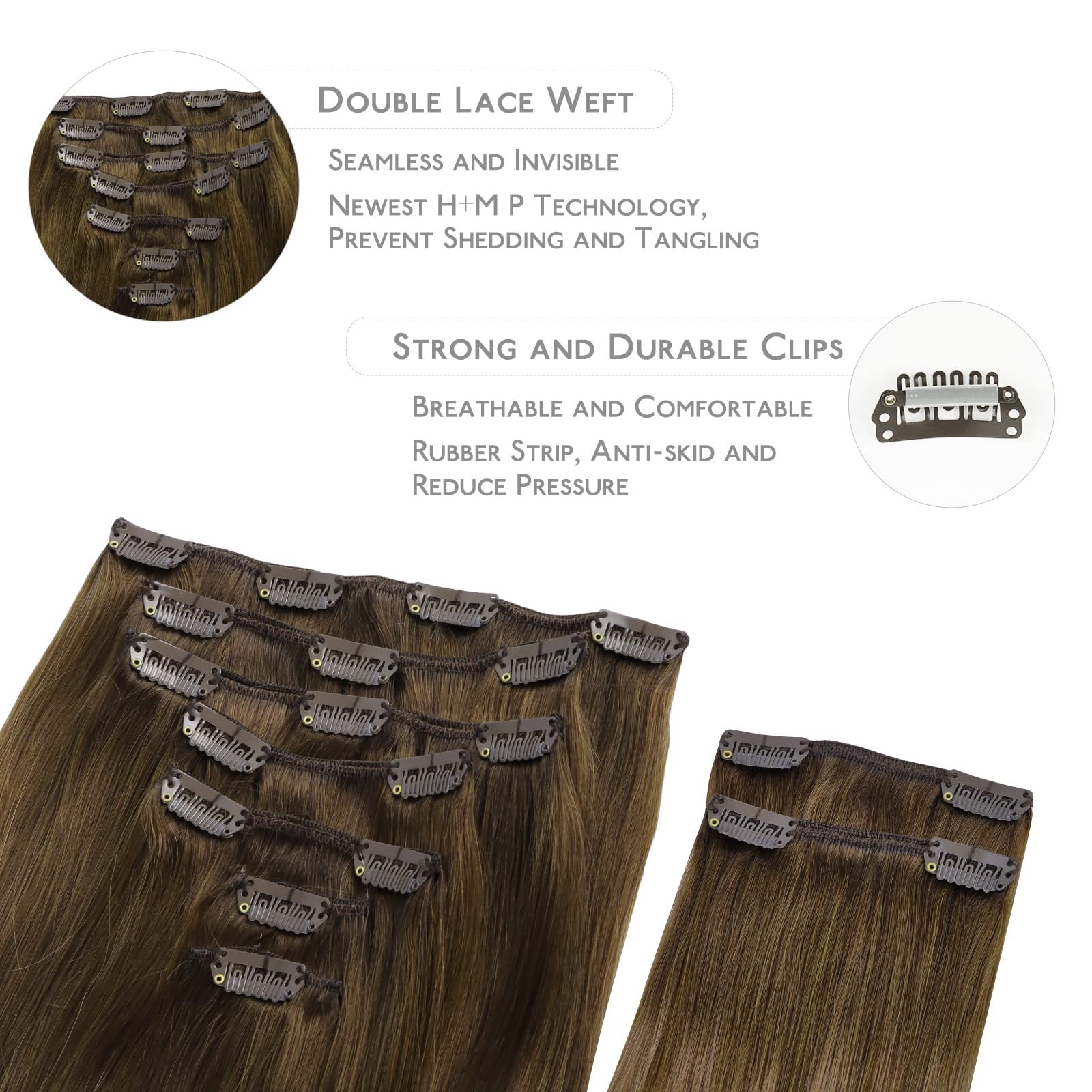 Wennalife Clip In Hair Extensions, 150G 20 Inch 9Pcs Ombre Walnut Brown To Ash Brown And Bleach Blonde Human Hair Extensions Thi