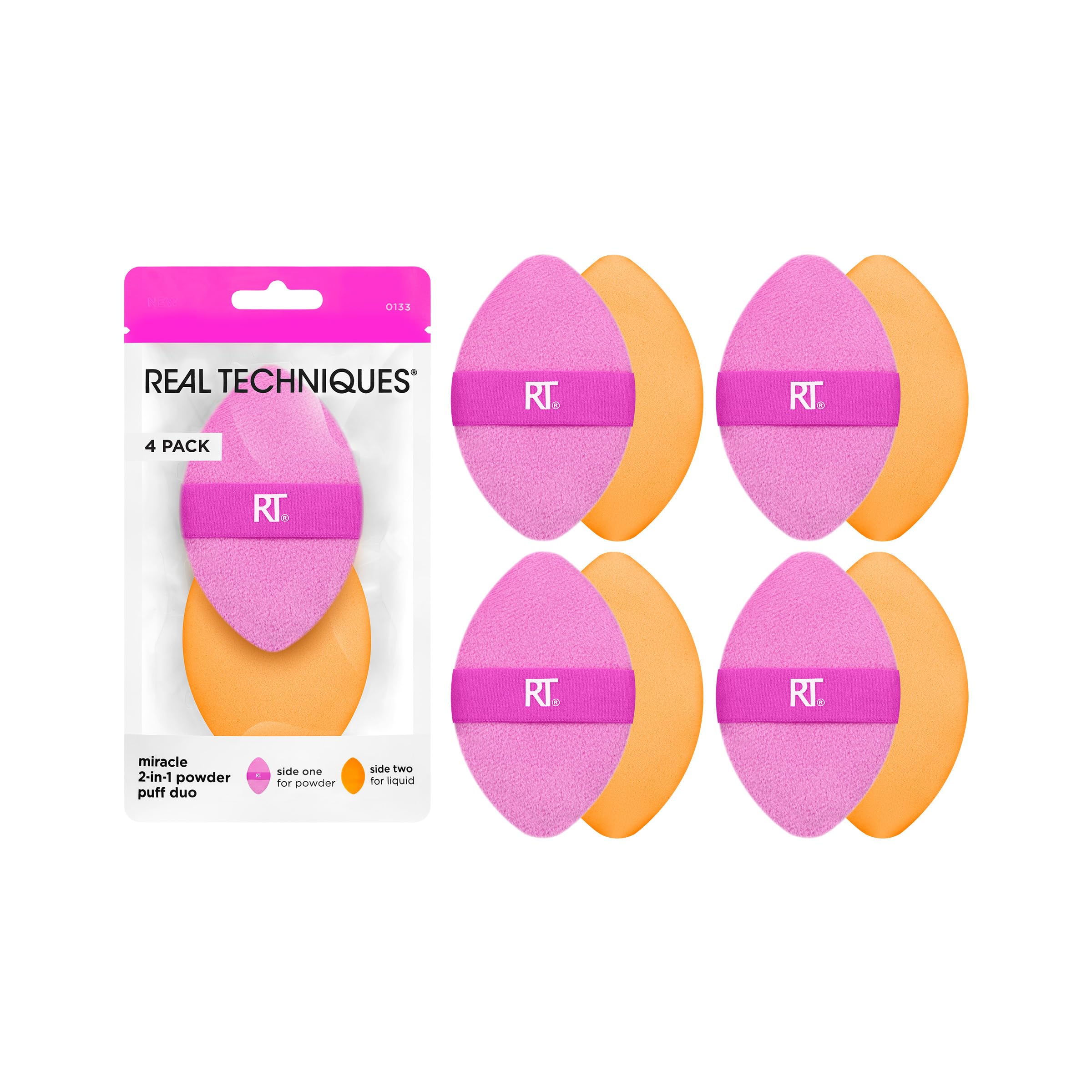 Real Techniques Miracle 2-In-1 Powder Puff 4 Pack, Dual-Sided, Full Size Makeup Blending Puff, Reversible Elastic Band, Makeup S
