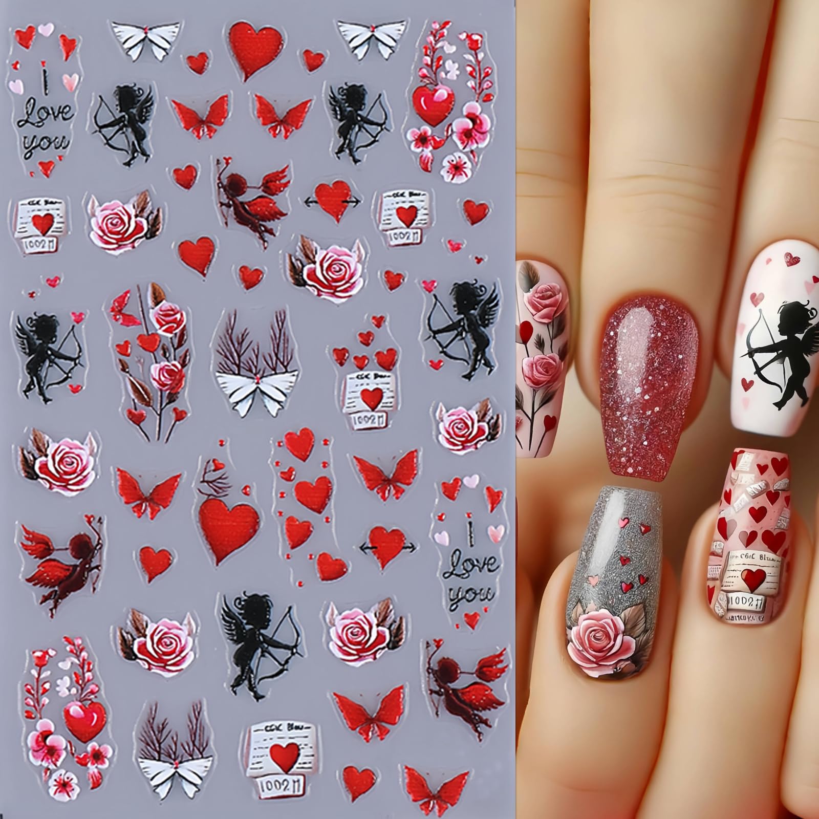 4Sheets Valentines Day Heart Nail Stickers 3D Self-Adhesive Red Valentines Love Nail Art Decals Love Angel Valentine Rose Nail D