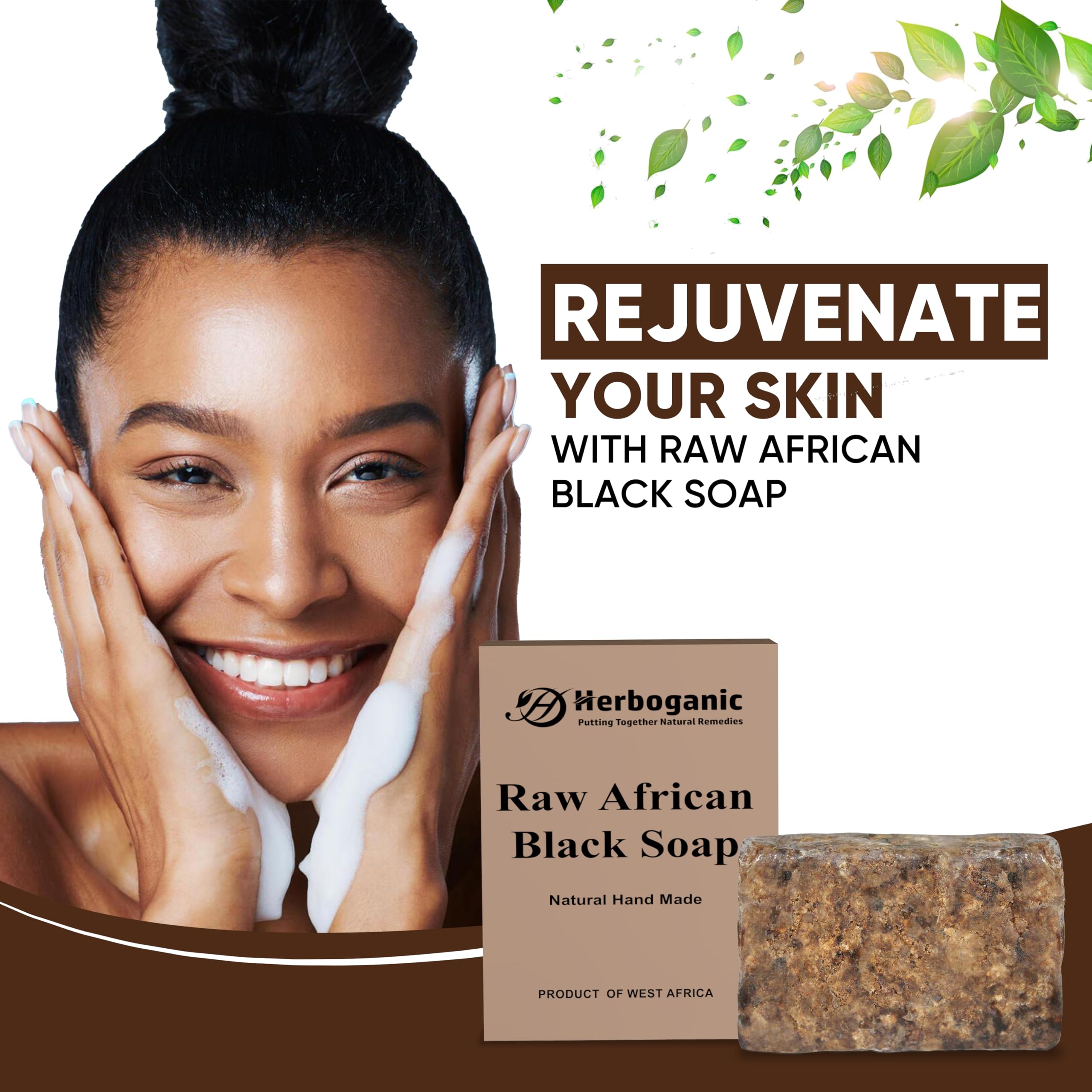 HERBOGANIC Raw African Black Soap Bar - 6 oz - 100% Pure and Organic | Natural Black African Soap bar for acne, Eczema, blackhea