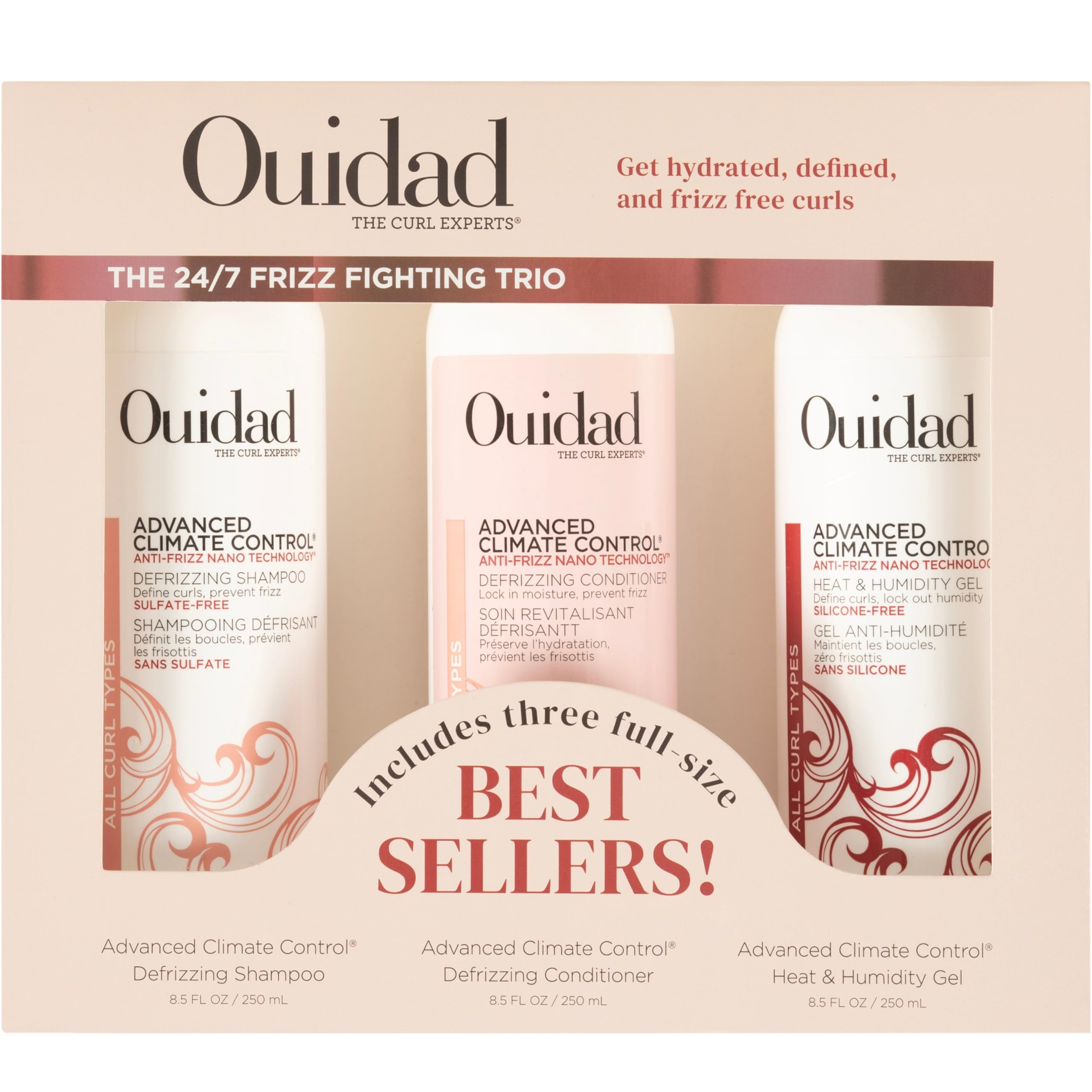 Ouidad 24/7 Frizz Fighting Trio, 8.5 fl oz Each, Advanced Climate Control Shampoo, Conditioner & Gel for Curly Hair, Anti Frizz,