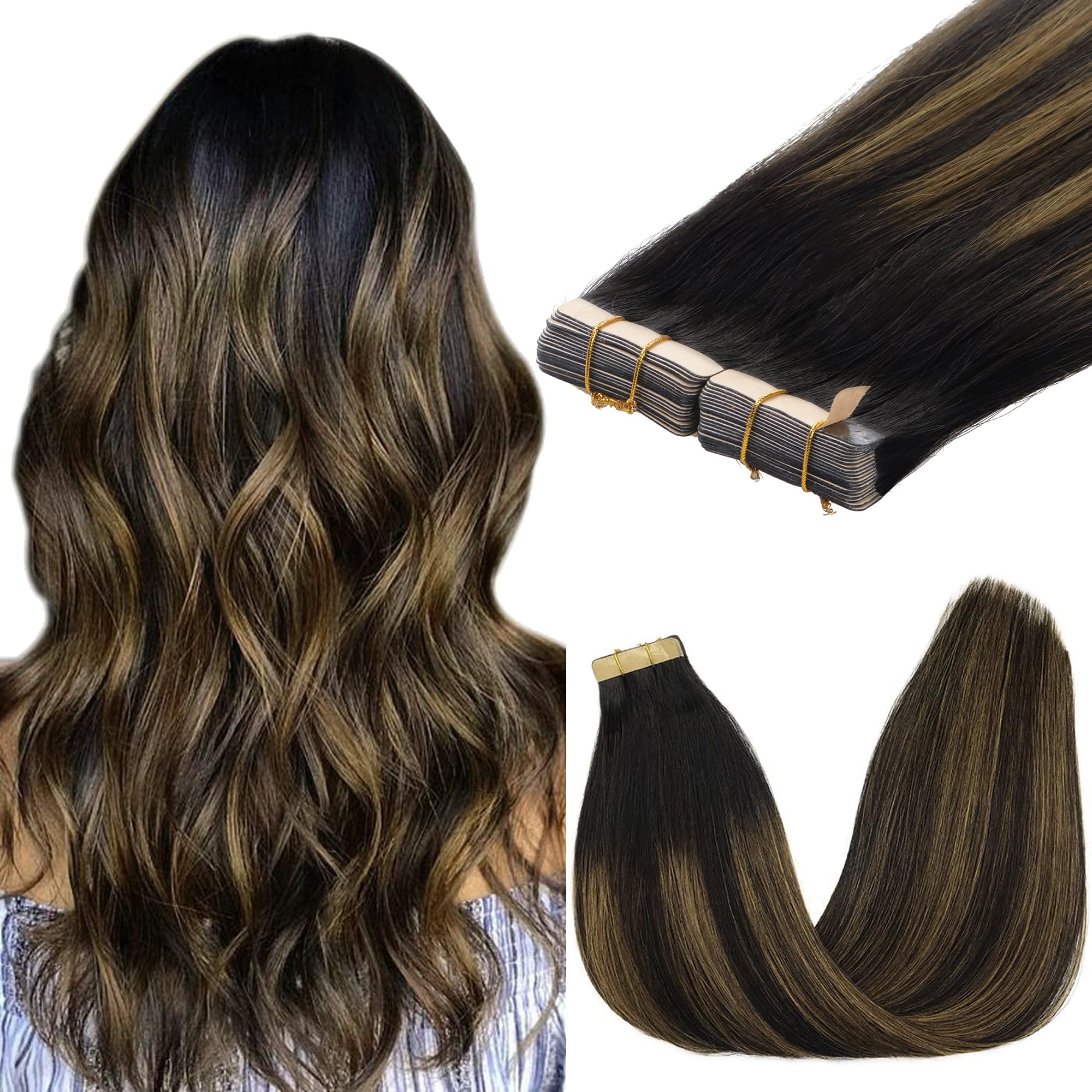 Goo Goo Tape In Hair Extensions Human Hair, 1B/6/1B Balayage Natural Black To Chestnut Brown, 10Inch 60G 40Pcs, Thick Ends Strai