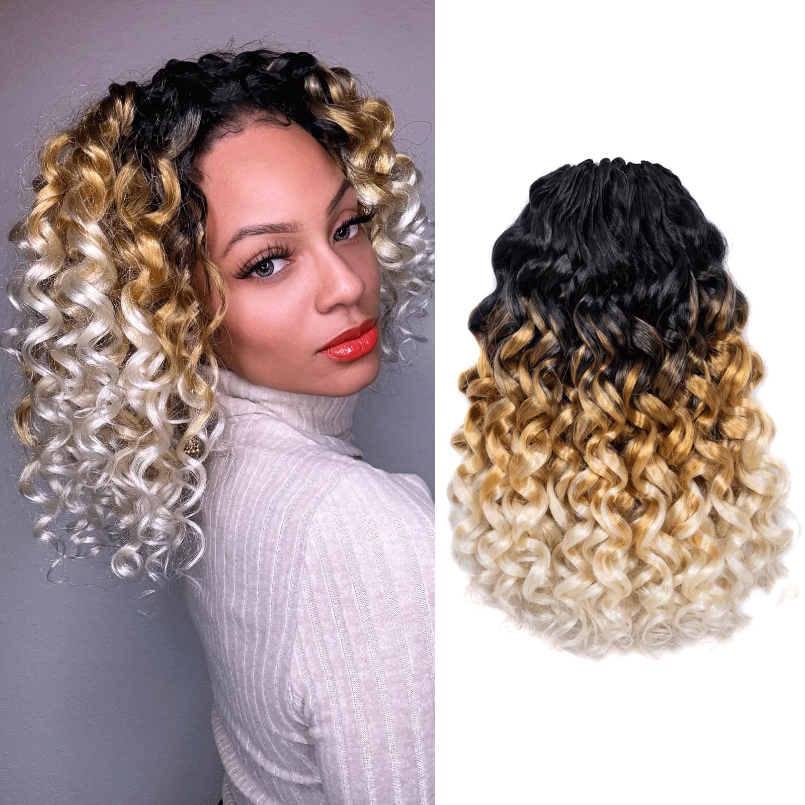 Toyotress Beach Curl Crochet Hair - 14 Inch 8 Packs Ombre Blonde 3 Tone Ocean Wave Crochet Hair, Short Curly Water Wave Syntheti