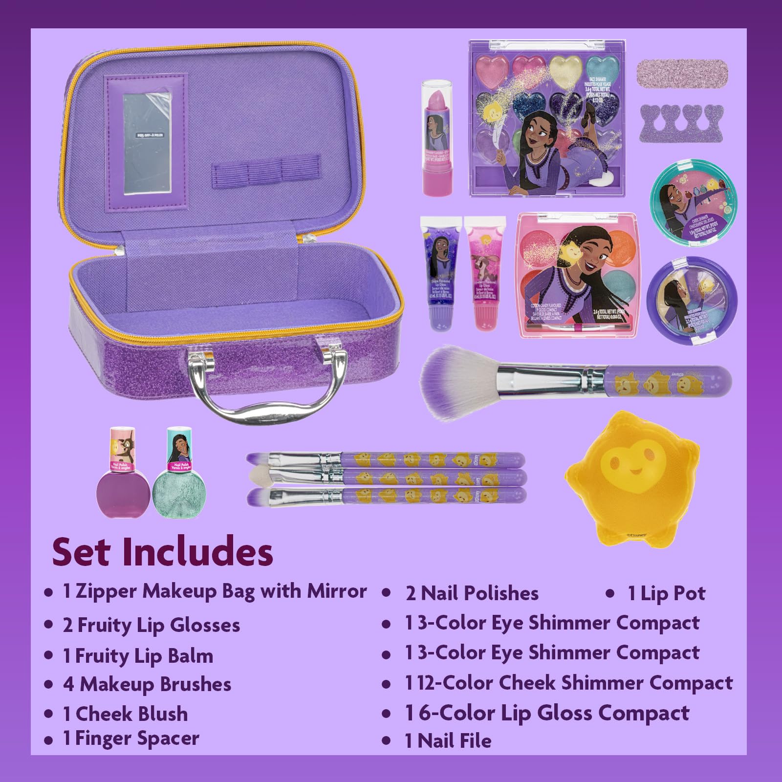 Disney Wish Fashion Purse Set with Nail Polish, Nail File, Lip Gloss, Lip Stick, Lip Balm, Crown, Eyeshadow, Brushes, and More,