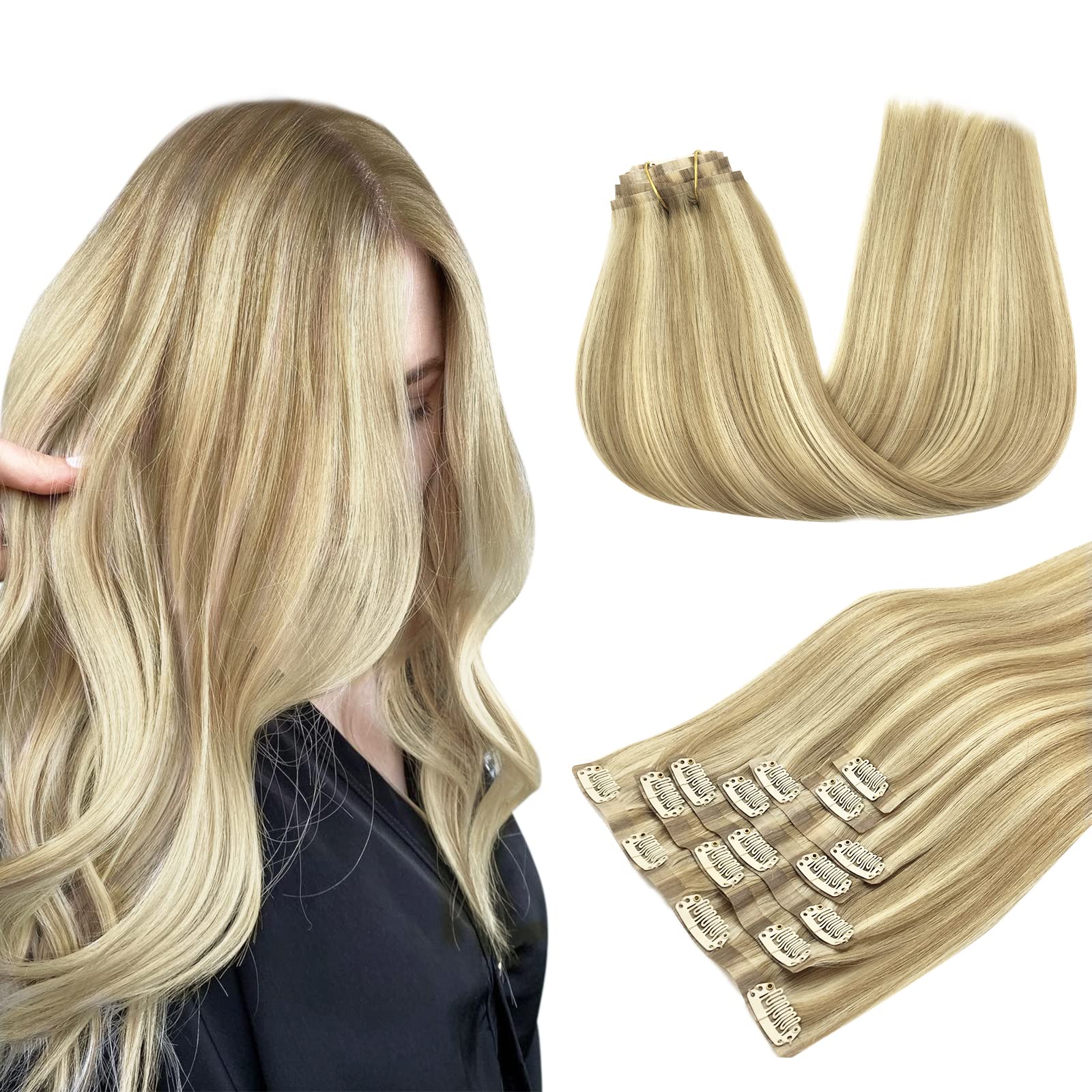 Clip in Hair Extensions Real Human Hair, 7pcs 110g Light Blonde Highlighted Golden Blonde 20 Inch, MAXITA Seamless Hair Extensio