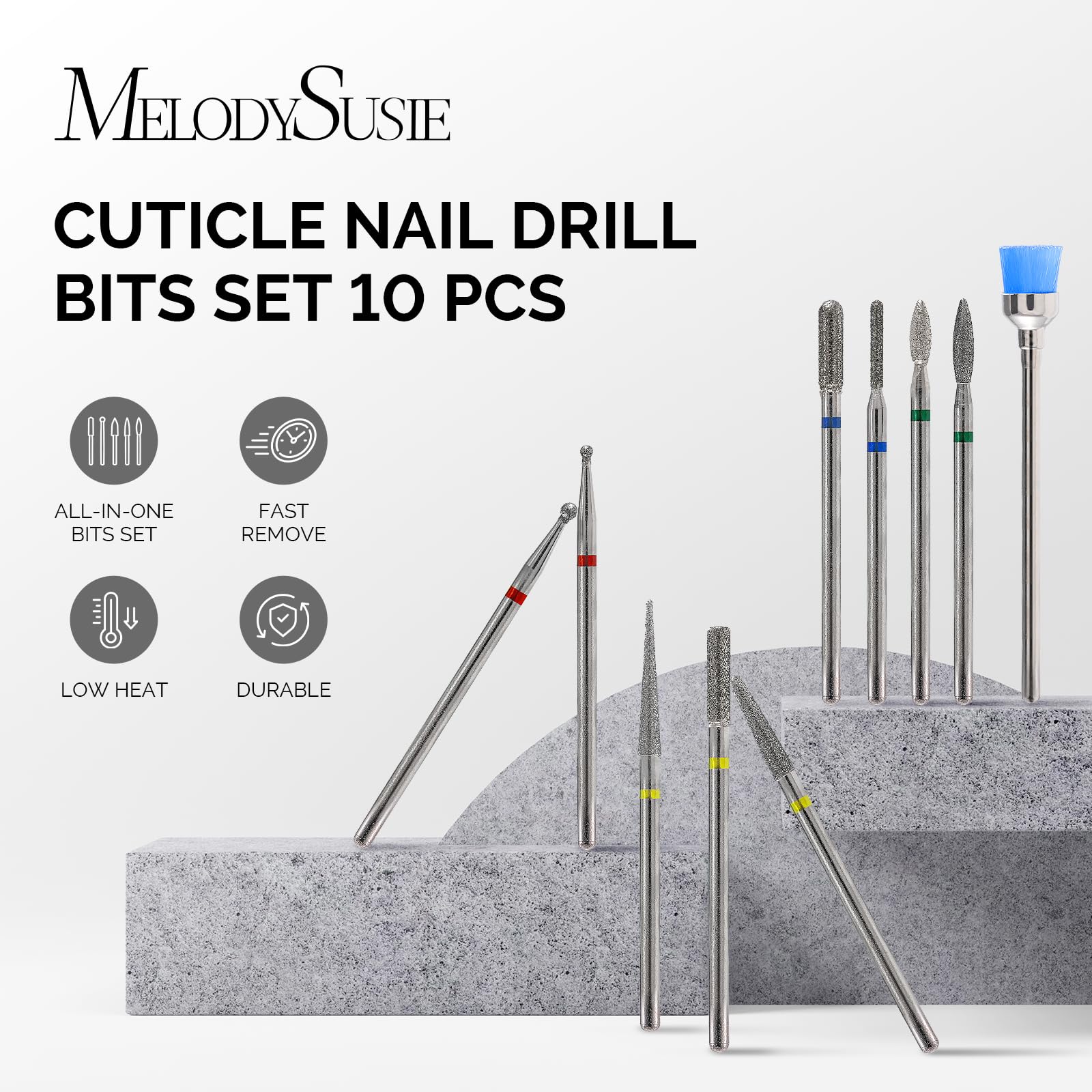 MelodySusie 10pcs Nail Drill Bits Set, 3/32 Inch Diamond Cuticle Nail Bits Kit for Nail Drill E-File, Manicure Pedicure Remover