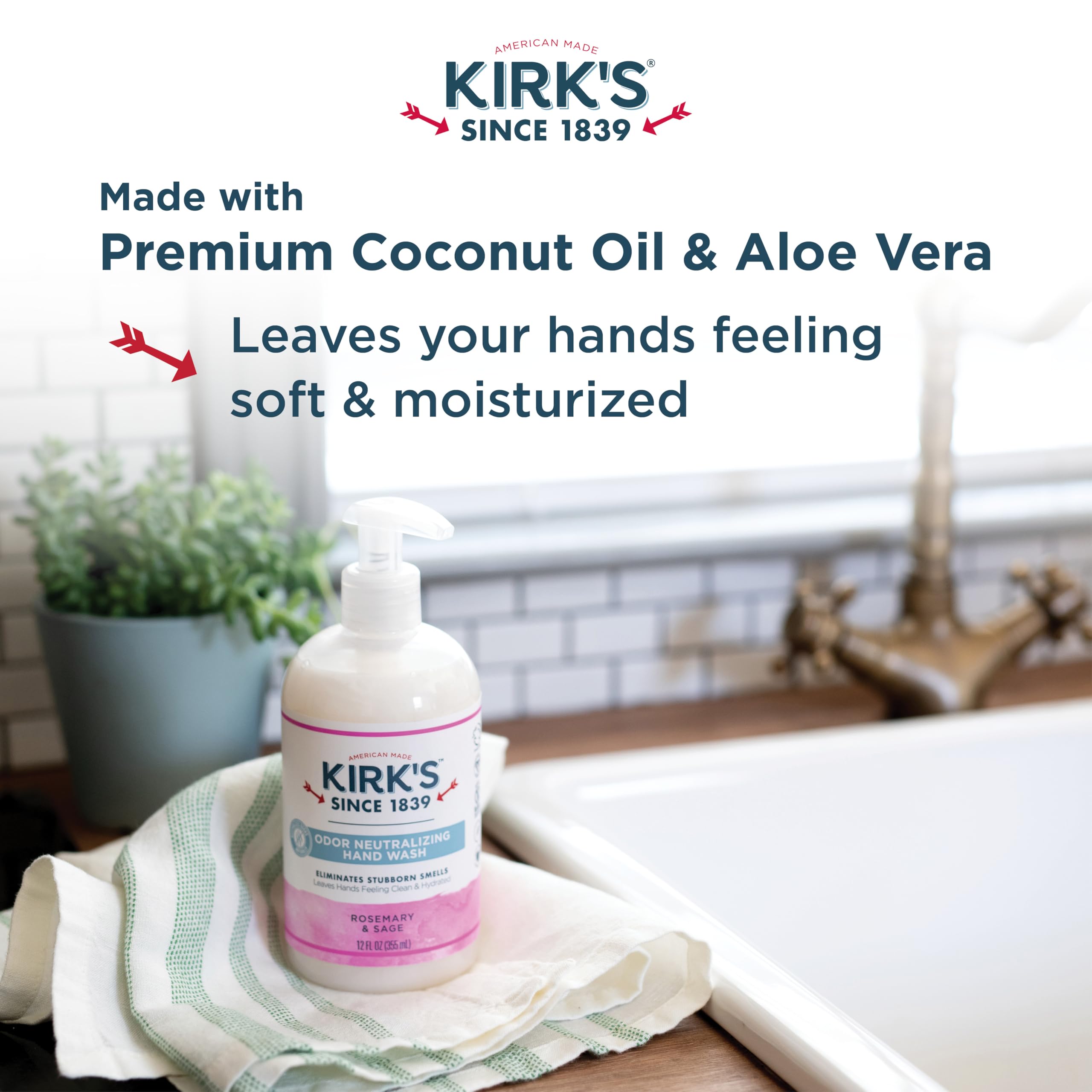 Kirks Odor-Neutralizing Natural Hand Soap Castile Liquid Soap Pump Bottle  Moisturizing & Hydrating Kitchen Hand Wash  Rosemary