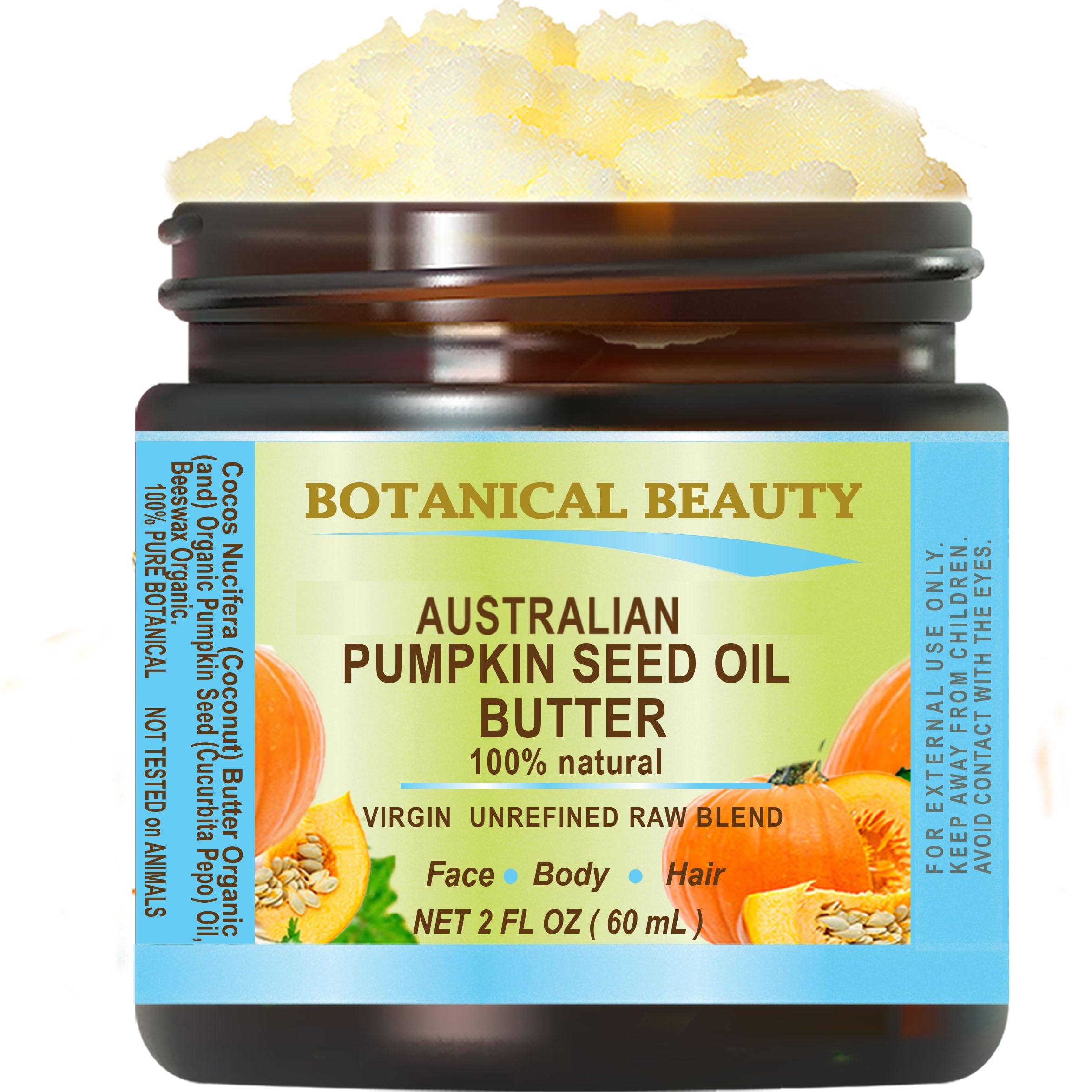 Botanical Beauty' Pumpkin Seed Oil Butter Australian Natural Virgin Unrefined Raw For Face, Skin, Damaged Hair, Lip, Nails 2 Fl.