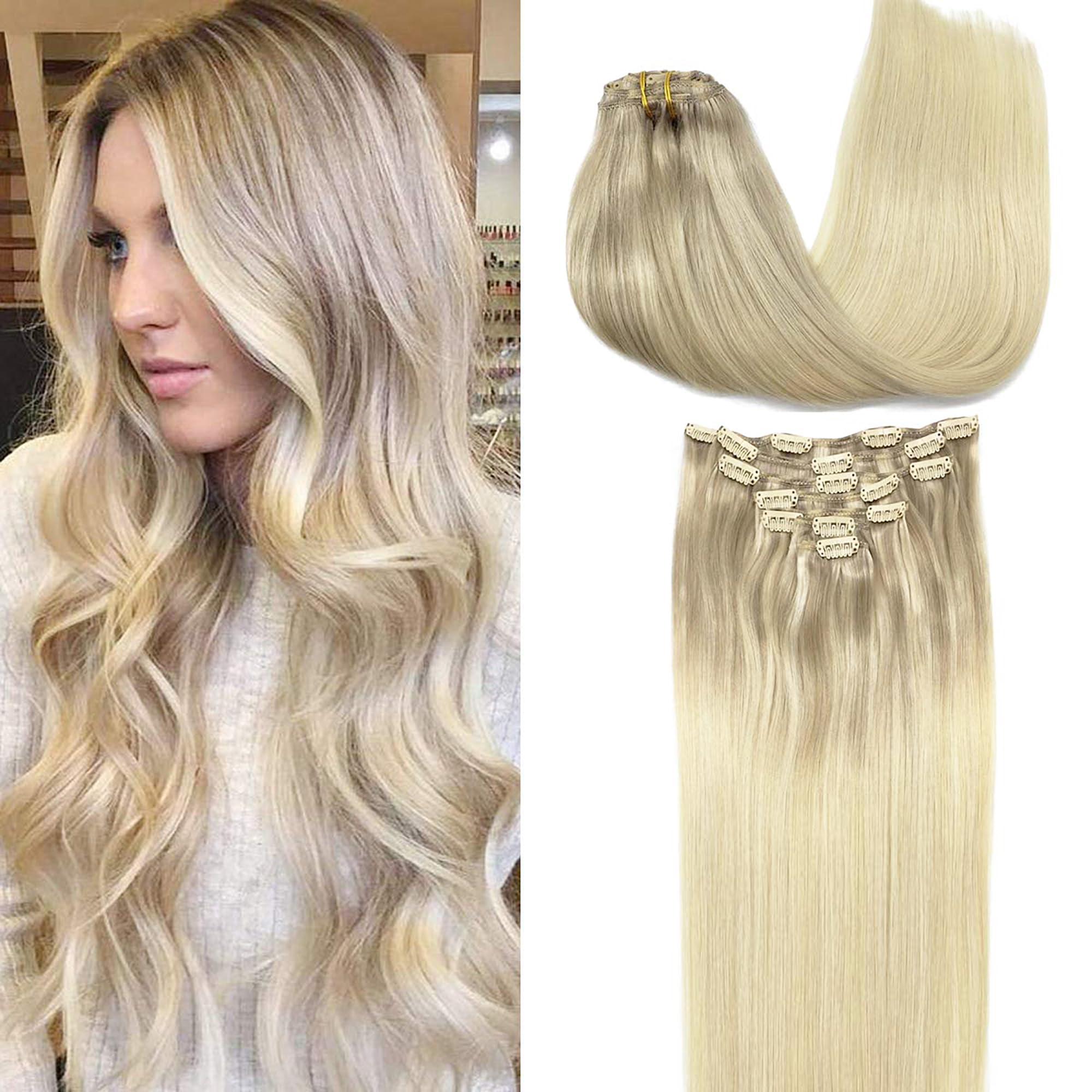 GOO GOO Clip in Hair Extensions Real Human Hair, 12inch 85g 7Pcs, 17/22/60 Balayage Ash Blonde to Golden Blonde and Platinum Blo