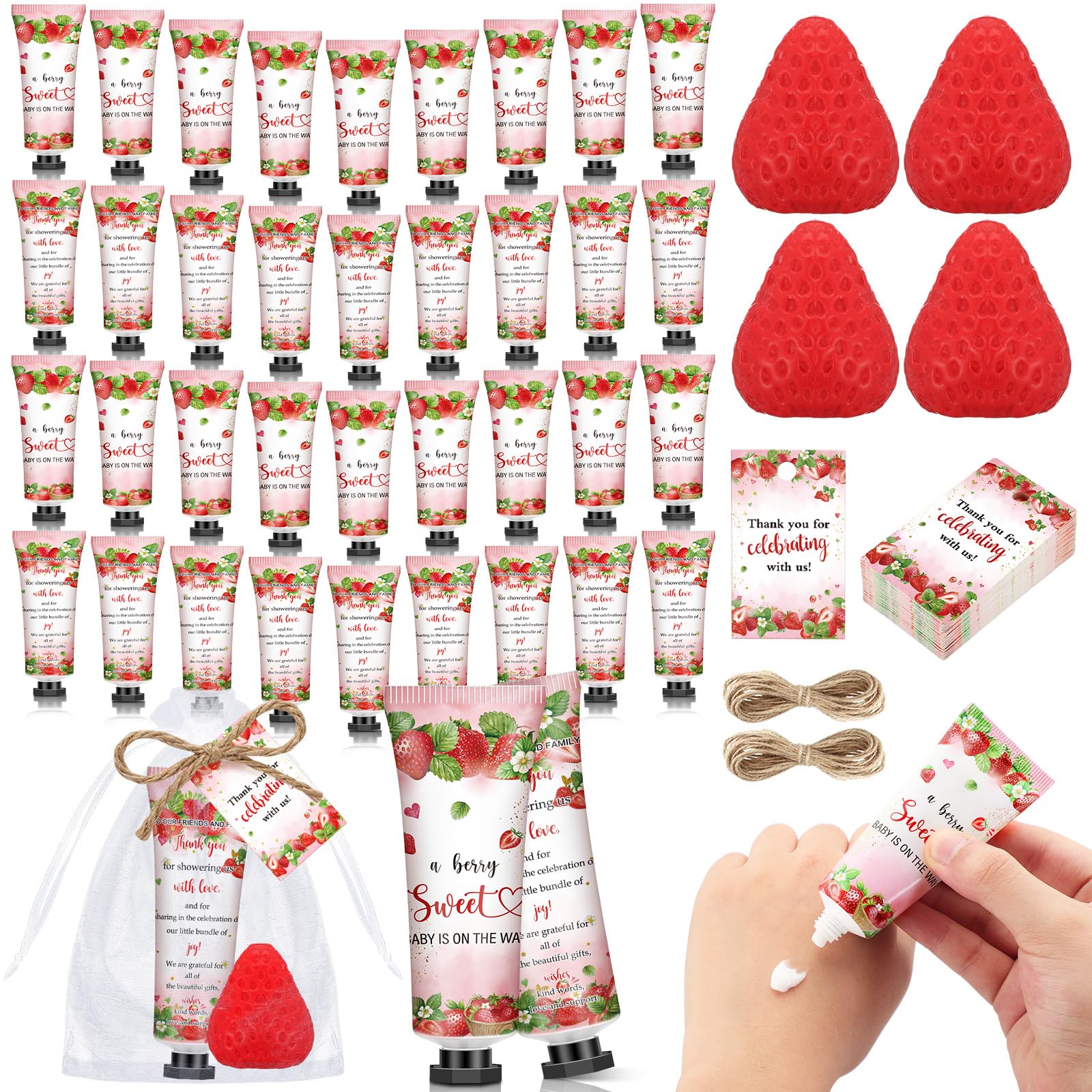 Dimsile 100 Pcs/50 Sets Strawberry Baby Shower Favors for Guests a Sweet Berry Is on The Way Hand Cream 3D Strawberry Soaps Gues