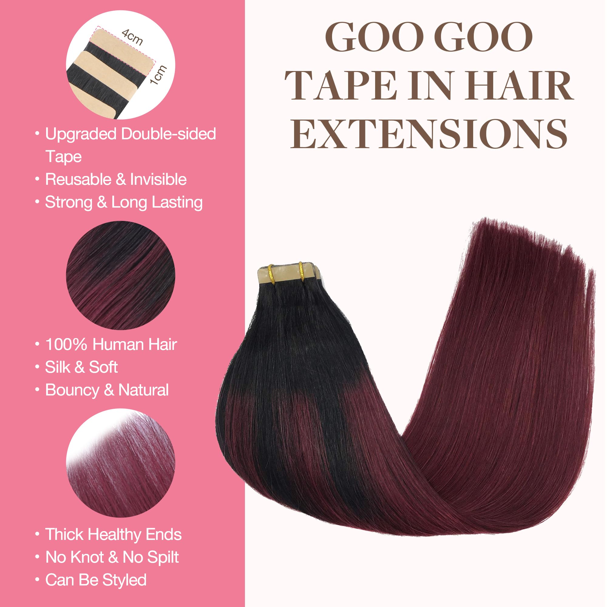 Goo Goo Tape In Hair Extensions Human Hair, 1/99 Balayage Jet Black To Red, 22Inch 30G 10Pcs, Thick Ends Straight Seamless Tape