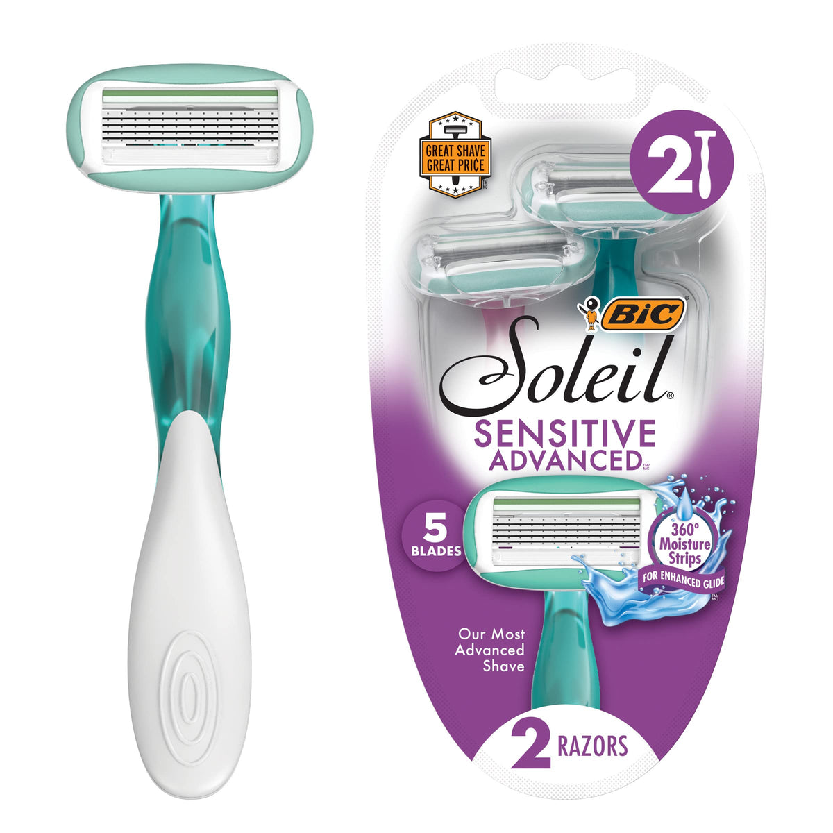 Bic Soleil Sensitive Advanced Women'S Disposable Razors With 360 Moisture Strips For Enhanced Glide, Shaving Razors With 5 Blade