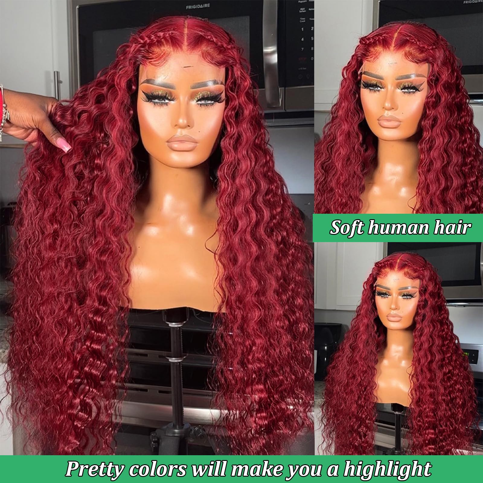 Beautygrace Red Deep Wave Lace Front Wigs Human Hair 180% Density 13X4 99J Burgundy Human Hair Lace Front Wigs For Fashion Black