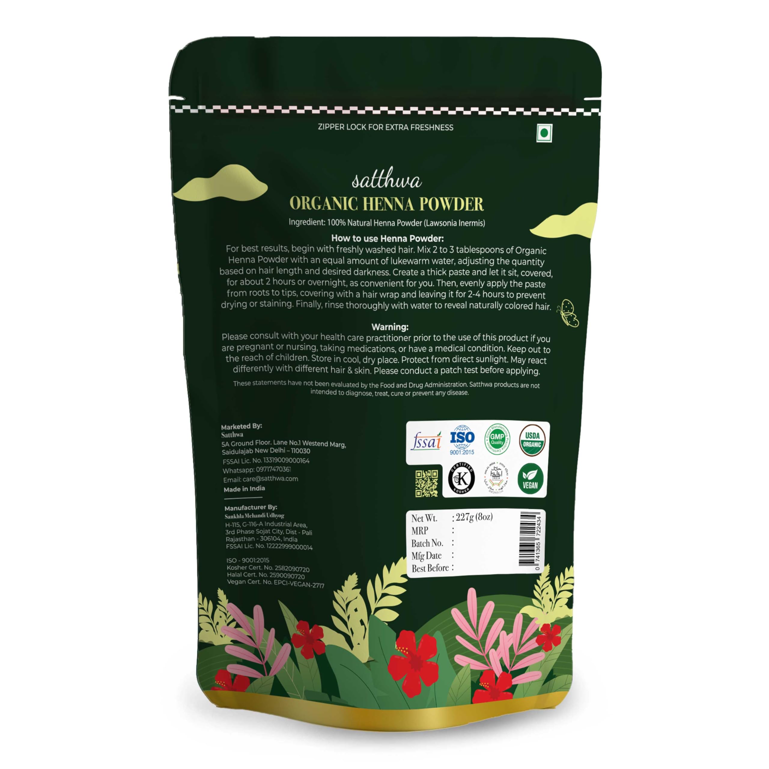Satthwa Organic Henna Powder (Mehndi Powder)| 227gm (8oz) | 100% Pure and Natural Lawsonia Inermis | Henna for Cools Scalp, Nour