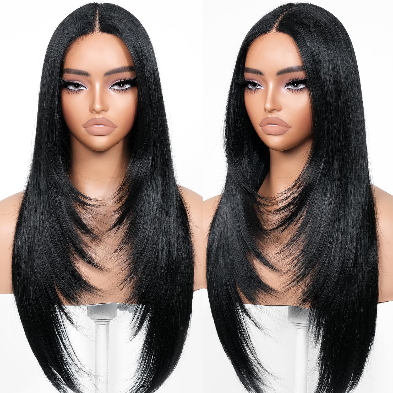 BrownBomb Black Wear and Go Glueless Wigs Pre Plucked Pre Cut for Beginners Long Layered Straight Synthetic Lace Front Wigs with
