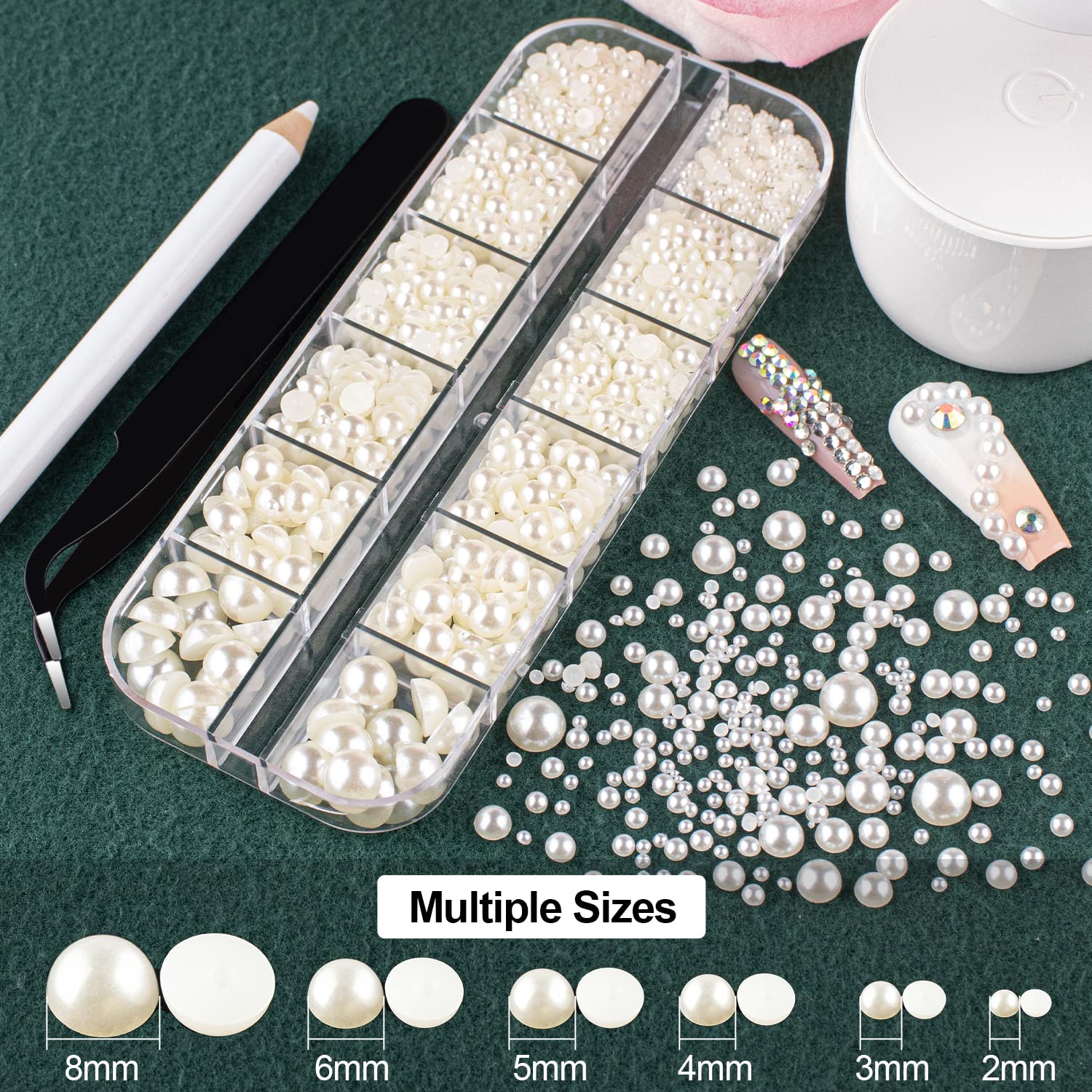 1 Box Of Flat Back Pearls Kits Half Round Beige Pearls With Quick Dry Makeup Glue+Picker Pencil+Tweezer For Nail Art And Face Ey
