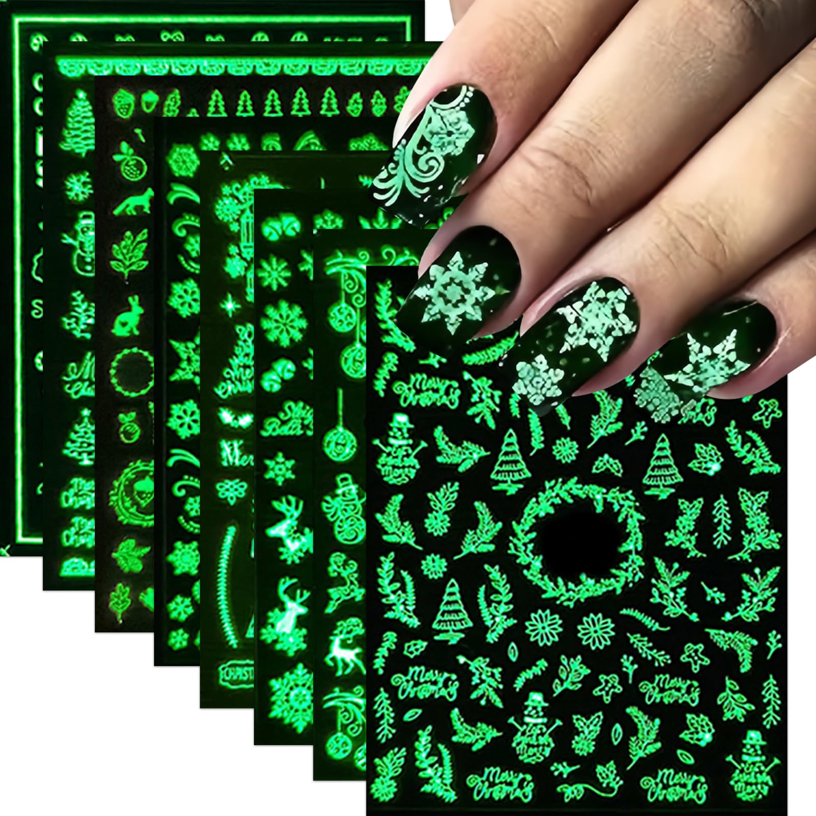 8 Sheets Christmas Luminous Nail Art Stickers Santa Claus Snowflake Elk Snowmen Nail Decals Xmas Tree Snowball Floral Nail Desig