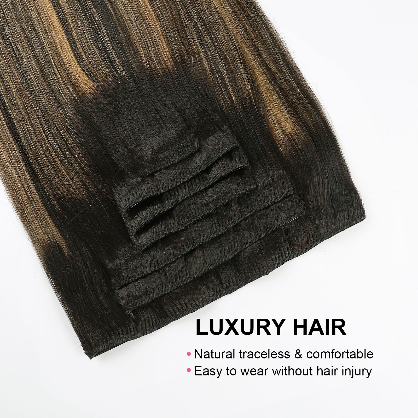 Abh Amazingbeauty Hair Yaki Straight Clip Ins Human Hair Rooted Black Piano Natural Black #1B Mixed With Caramel Blonde #27 Two