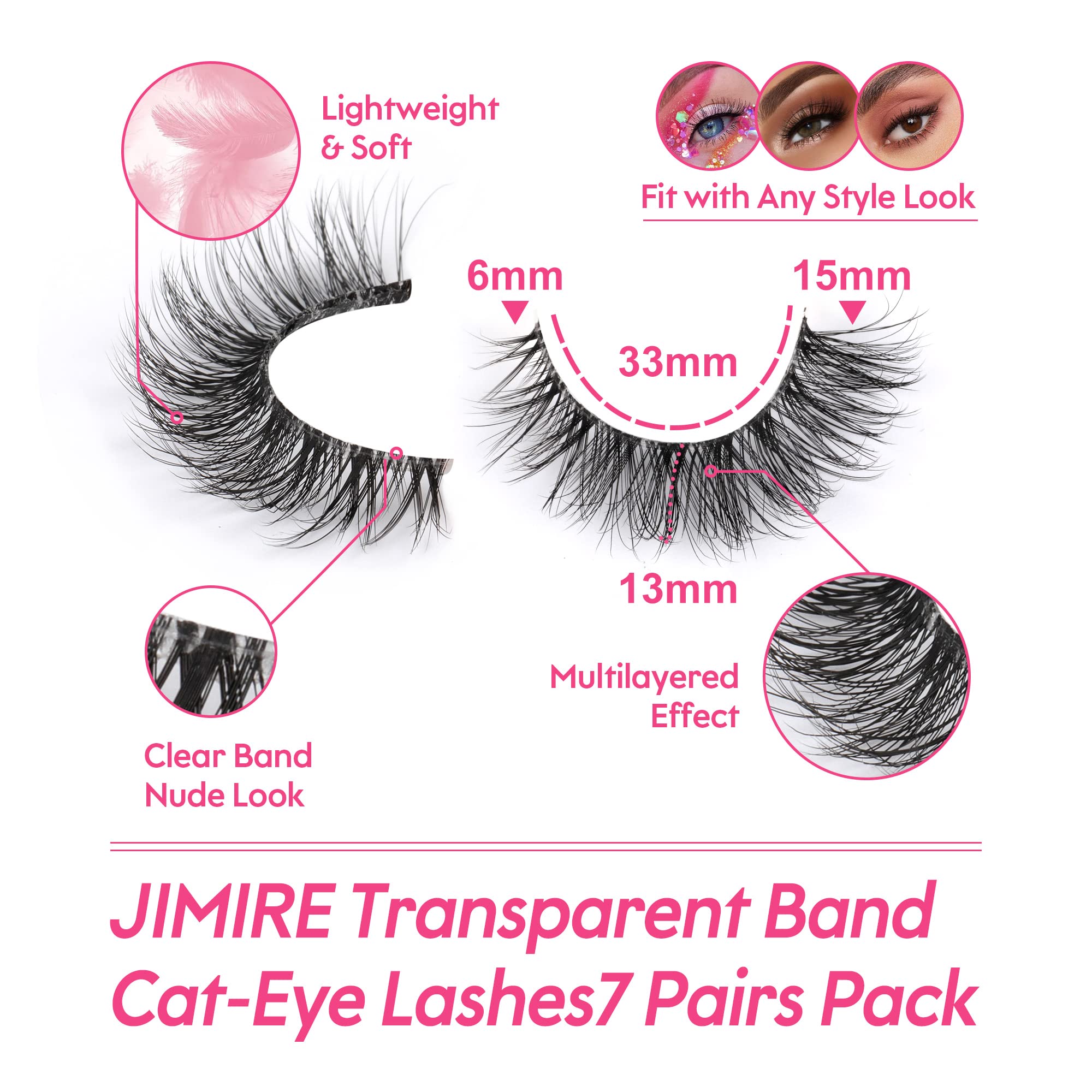 JIMIRE False Eyelashes with Clear Band 3D Fluffy Lashes Demi-wispies Natural Look Cat Eye Faux Mink Fluttery Eyelashes 15MM D Cu