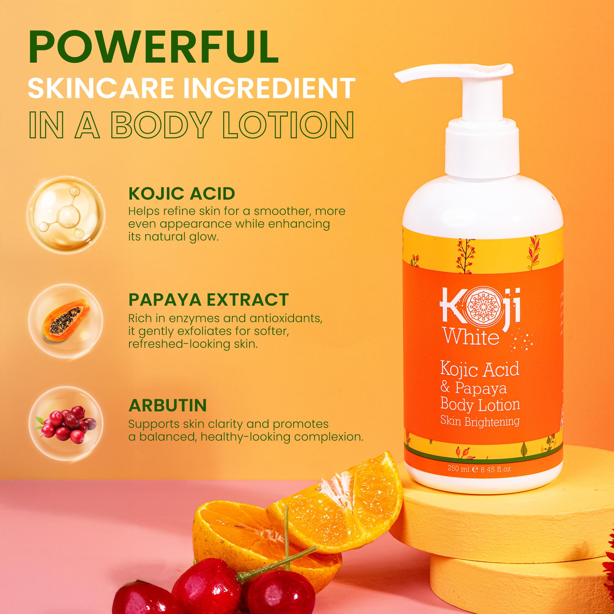 Koji White Kojic Acid & Papaya Body Lotion, Women Gift Sets for Exfoliating, Skin Brightening, Moisturizer, Radiance, Even Tone,