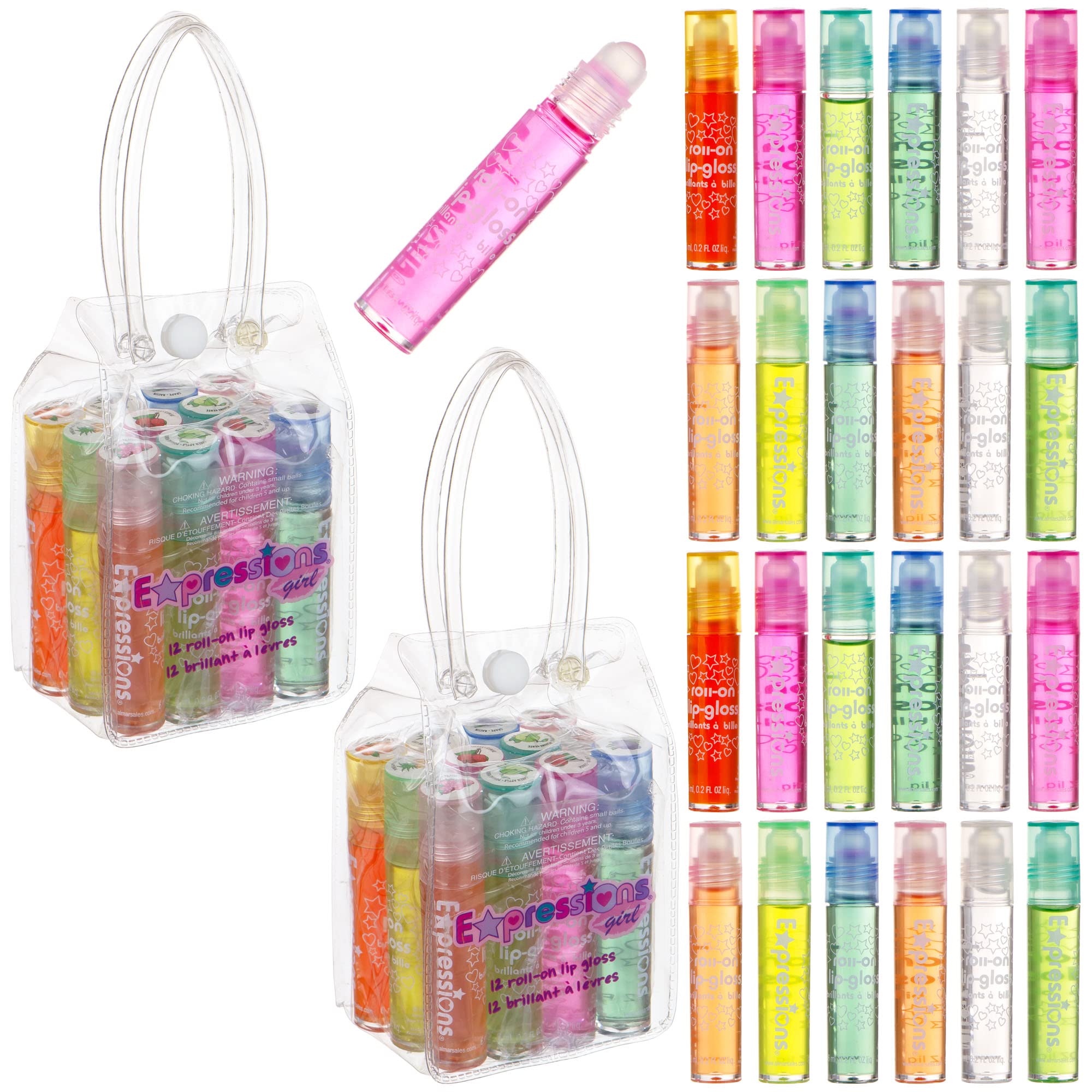 Expressions girl Roll On 24 Lip gloss Set with carrying case, 24-Piece glossy Lip Make-up for Kids and Teens - Fruity Flavors, N