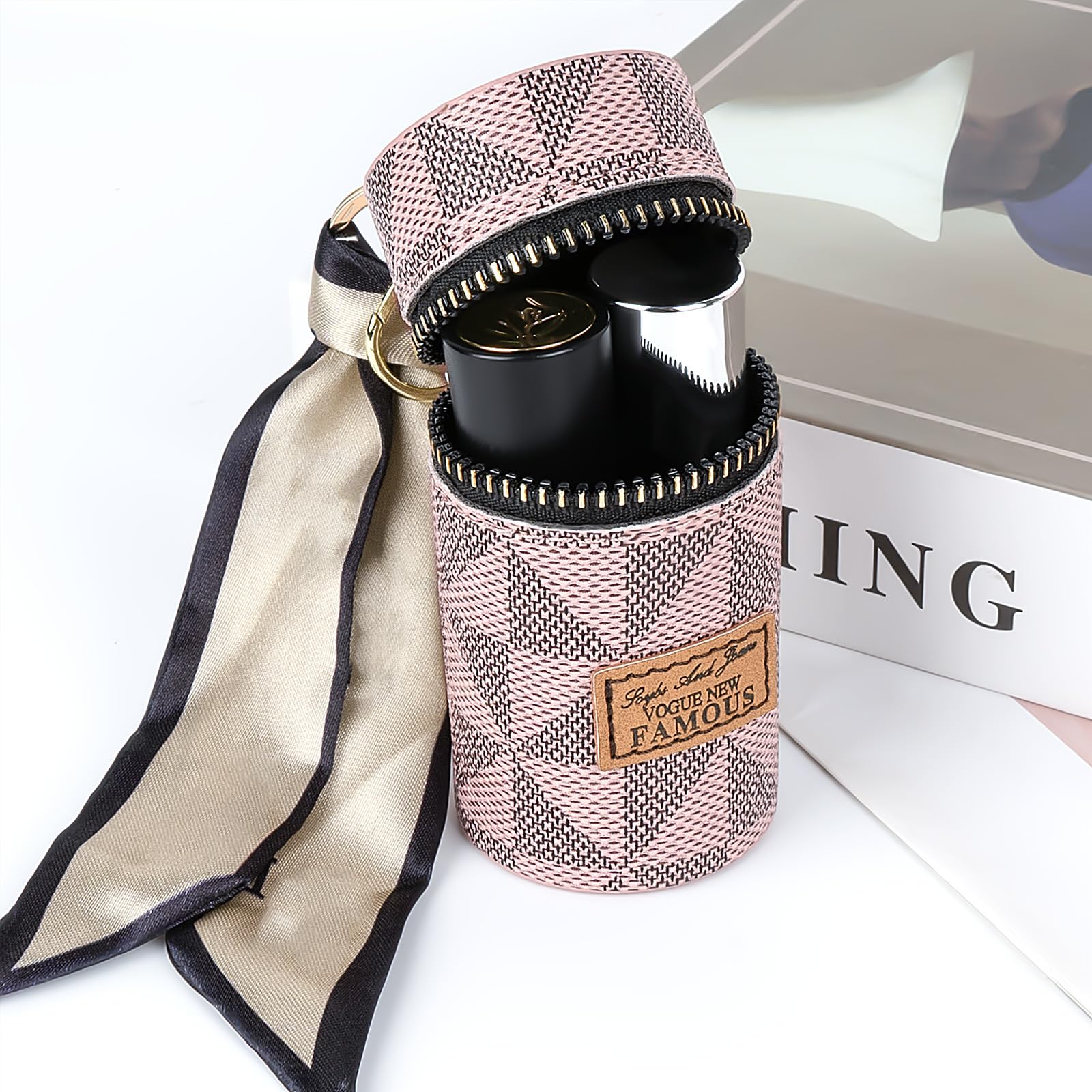 Adorila Lipstick Case, Mini Leather Lip Gloss Lipstick Organizer, Travel Lipstick Bag with Keychain for Perfume Fingernail Polis