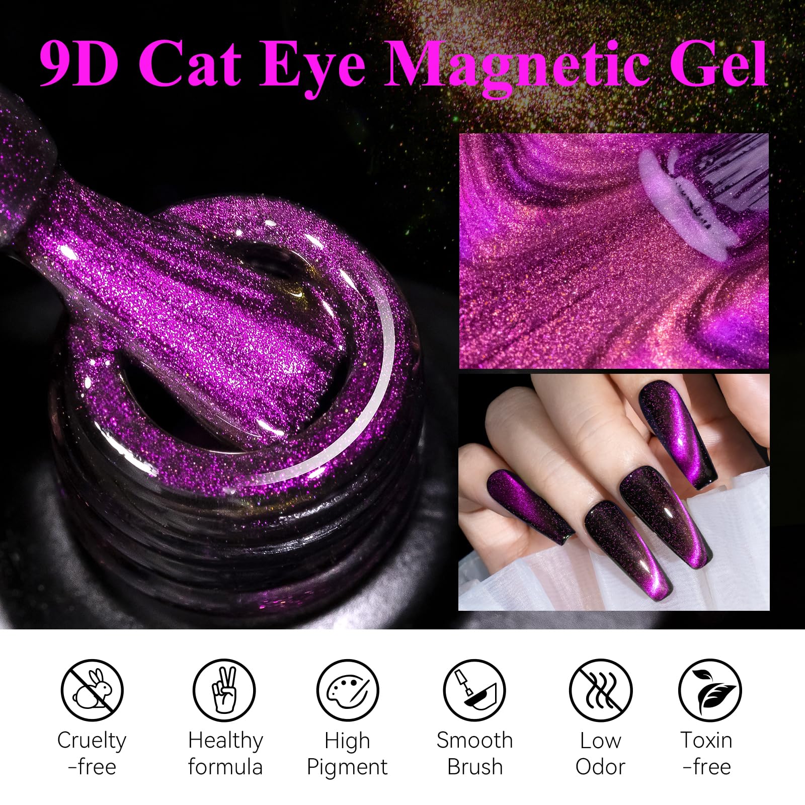 Mizhse 9D Cat Eye Gel Nail Polish, Rose Red Magnetic Gel Polish With Magnet Stick, Magic Shimmer Galaxy Effect Holographic Glitt