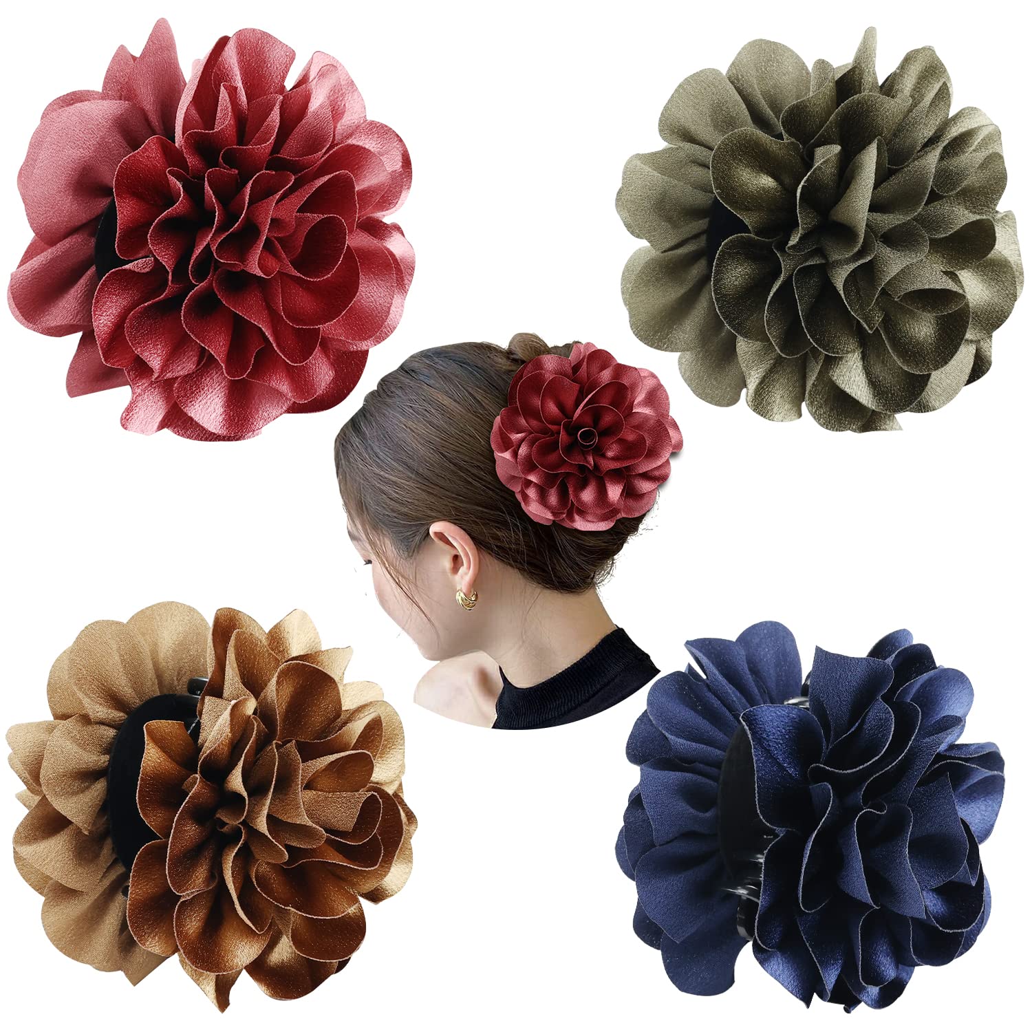 Cinaci 4 Pack Black Plastic Hair Claws Clips with Big Large Satin Rose Flower Bow Barrettes Clamps Bun Chignon Updo Holders Hair