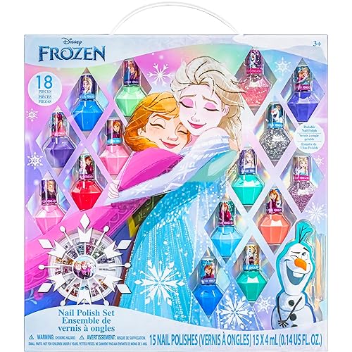 Townley girl Disney Frozen Non-Toxic Peel-Off Nail Polish Set with Shimmery and Opaque colors with Nail gems for girls Ages 3+,