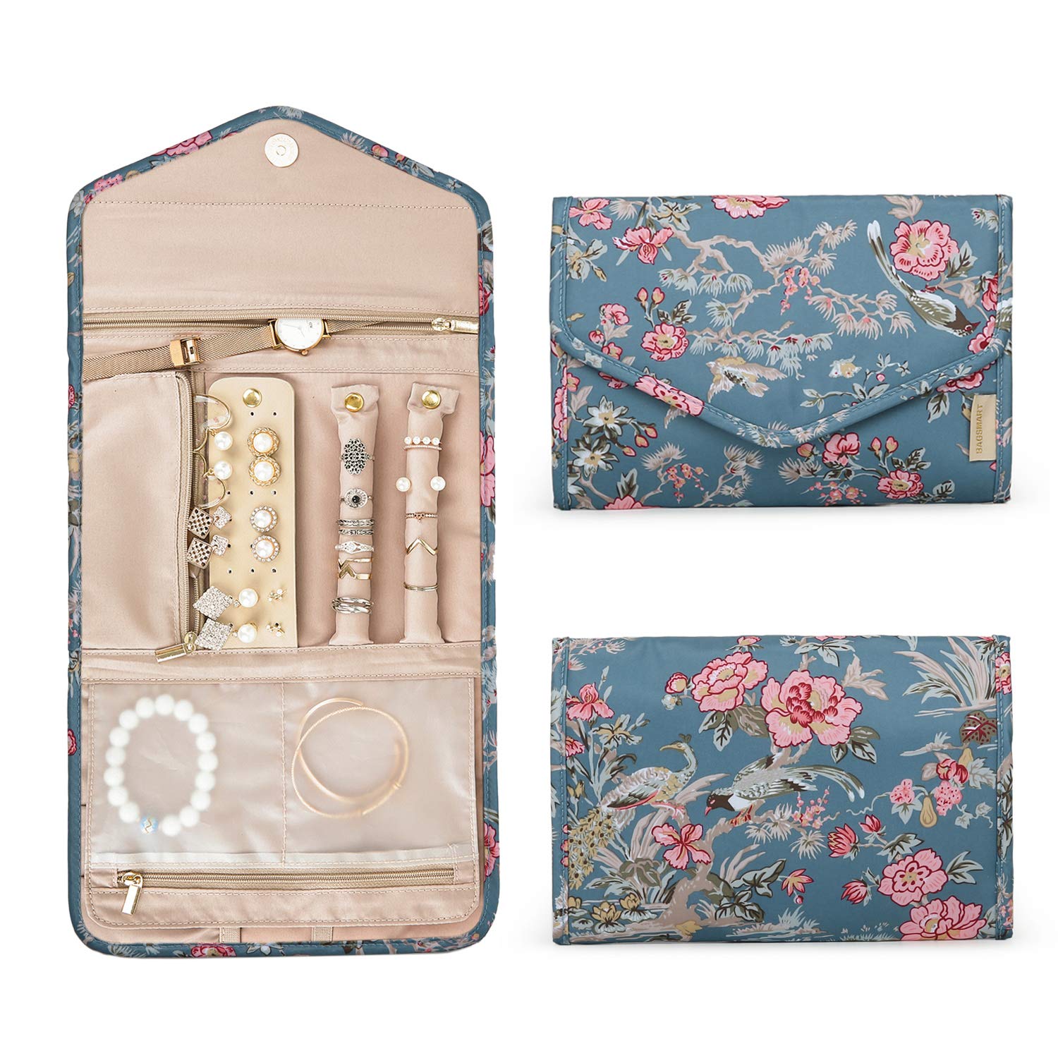 BAGSMART Travel Jewellery Organiser Roll Foldable Jewelry Case for Journey-Rings, Necklaces, Bracelets, Earrings, Flower Bird