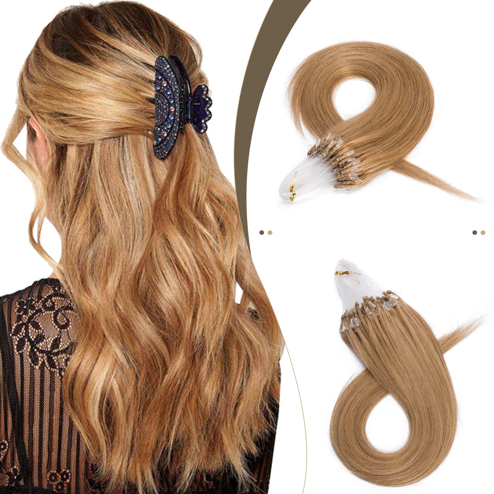 SEGO Micro Beads Hair Extensions Human Hair 14 Inch Dark blonde Micro Loop Human Hair Extensions Natural Straight Micro Ring Hum