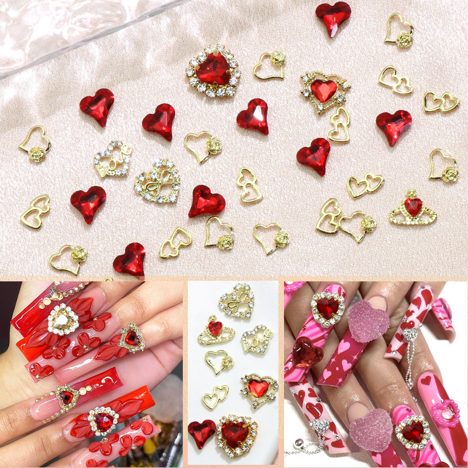 Rodaky 40Pcs Heart Nail Charms Valentine'S Day Nail Art Jewelry Red Crystal Rhinestone Nail Gems Metal Heart Charms For Acrylic