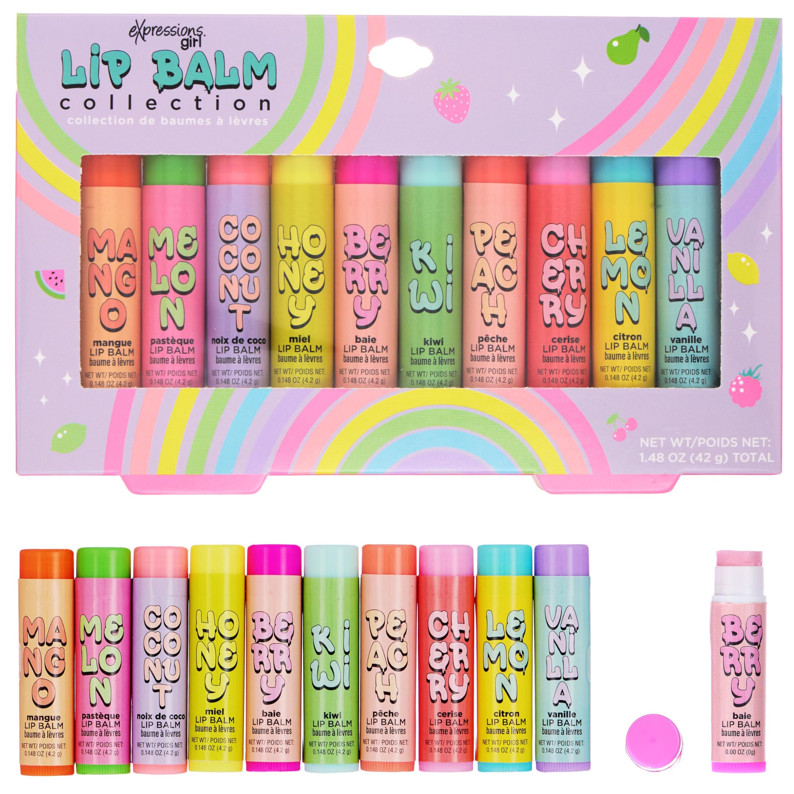 Expressions 10pc Fruity Lip Balm Collection - Hydrating Lip Balms Infused w/Fresh Fruity Flavors - Vitamin Enriched Nourishing L