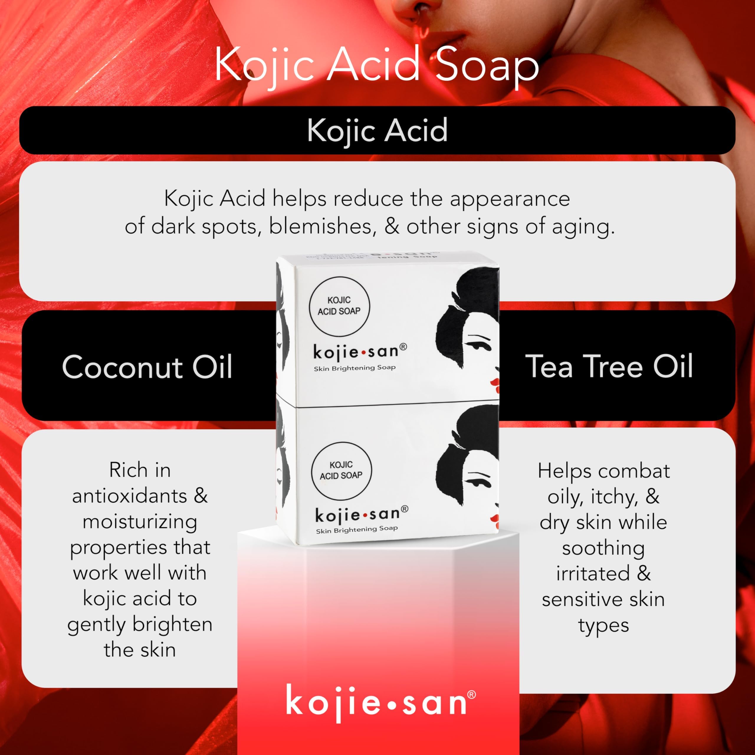 Kojie San Skin Brightening Soap - Original Kojic Acid, Dark Spot Remover Bar Soap With Coconut & Tea Tree Oil- 135G X 4 Bars