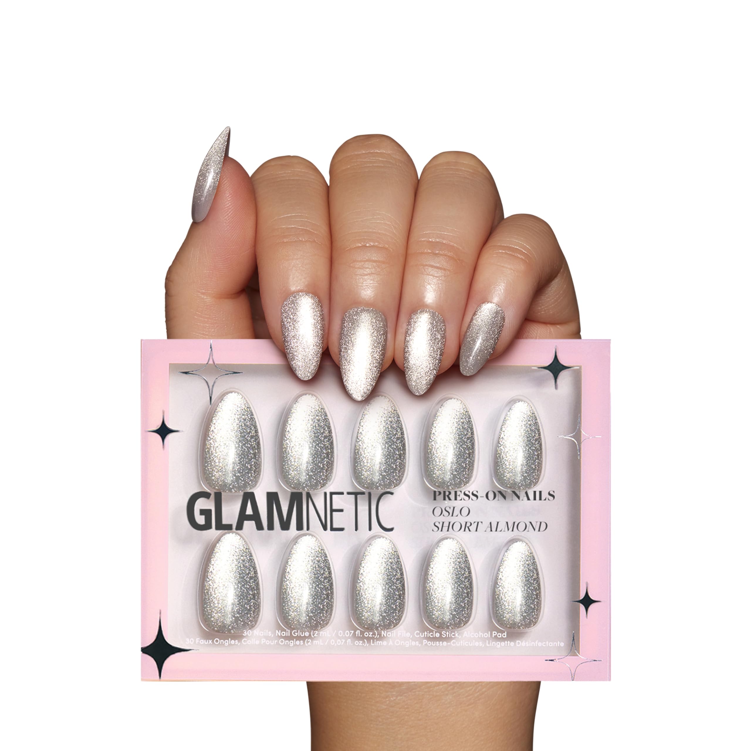 Glamnetic Press On Nails - Oslo | Short Almond Silver Shimmer Nails with a Cat Eye Finish | 15 Sizes - 30 Nail Kit with Glue