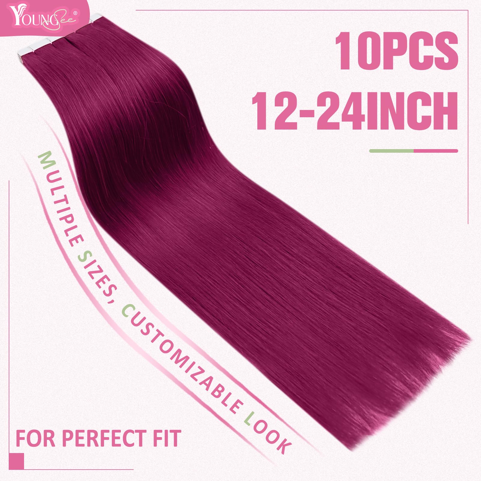 YoungSee Tape in Hair Extensions Human Hair Magenta 10pcs 20g Invisible Tape in Hair Extensions Human Hair Red 12 Inch Magenta H