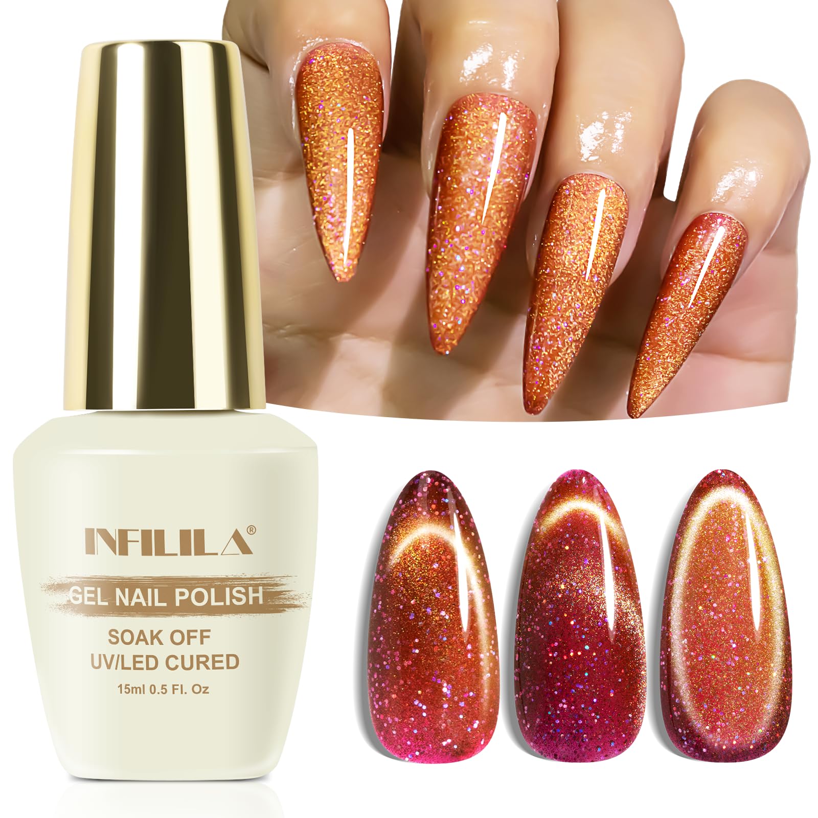Nxj Infilila Cat Eye Gel Nail Polish,15Ml Holographic Cat Eye Gel Polish, Pink Orange Glitter Cat Eye Polish Magnetic Reflective