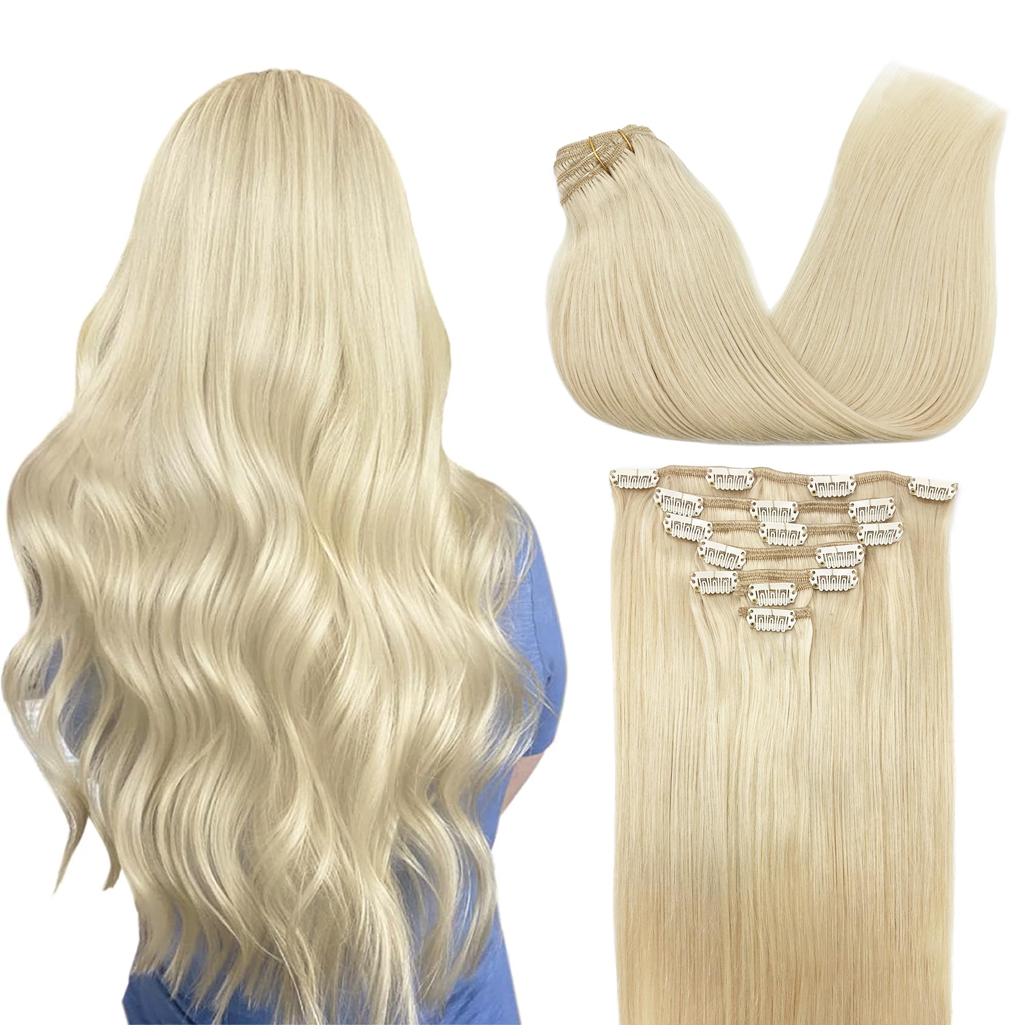 GOO GOO Clip in Hair Extensions Real Human Hair, 16inch 120g 7Pcs, 60A Platinum Blonde, Remy Human Hair Extensions Clip ins for 