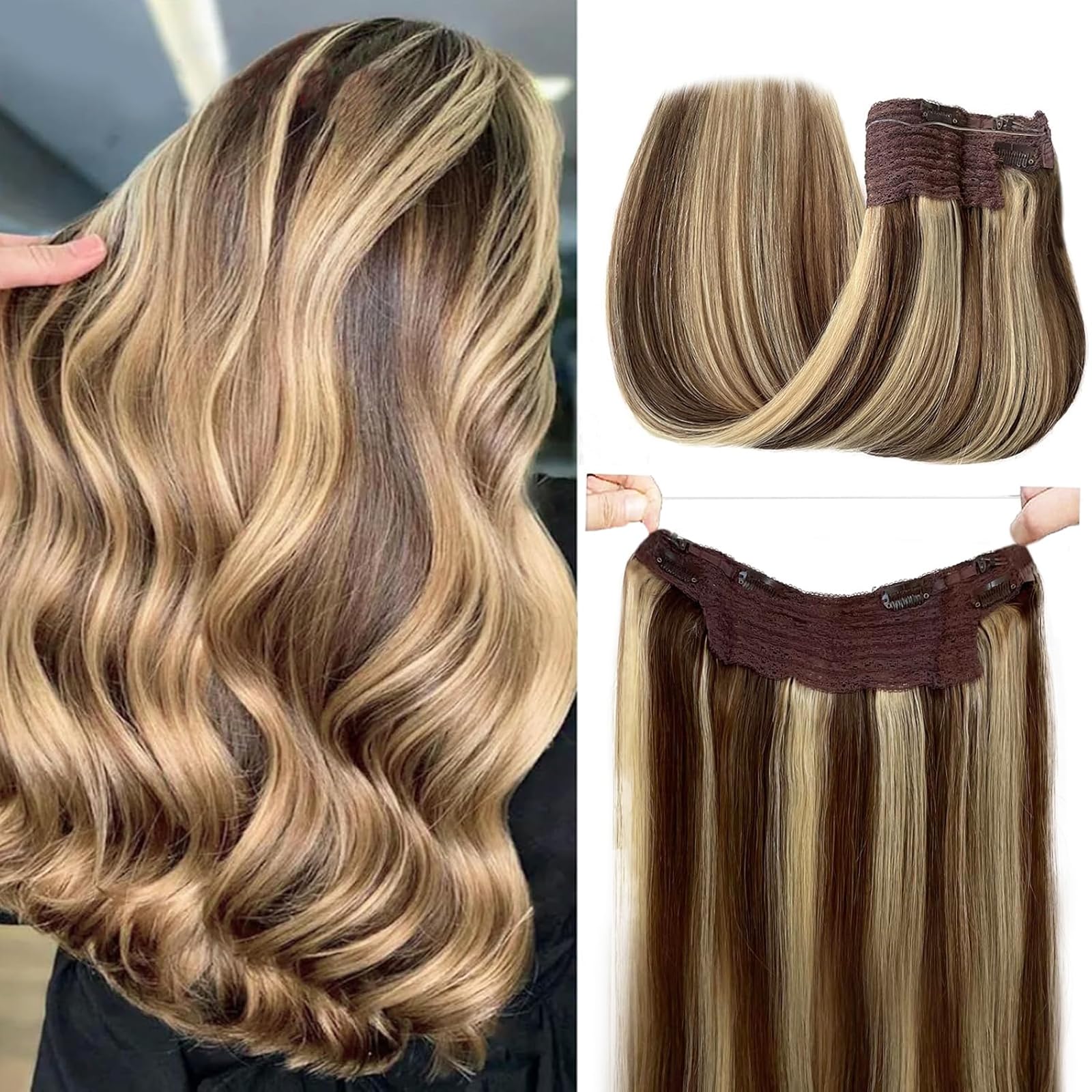 Invisible Halos Human Hair Extensions Ombre Fishing Line Hair Extensions with Adjustable Clips Light Brown to Blonde 613 Human H