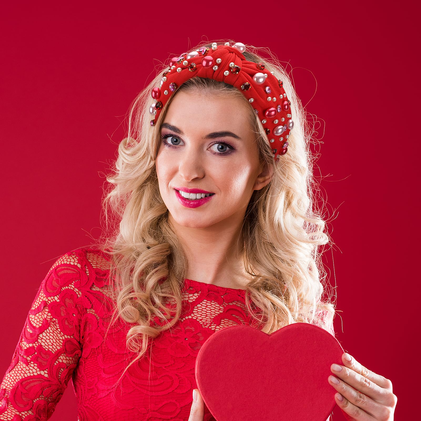 Winthrop 2 Pack Valentine'S Day Headband For Women Pearl Rhinestone Crystal Jeweled Embellished Ladies Wide Top Knot Pink Red Ma