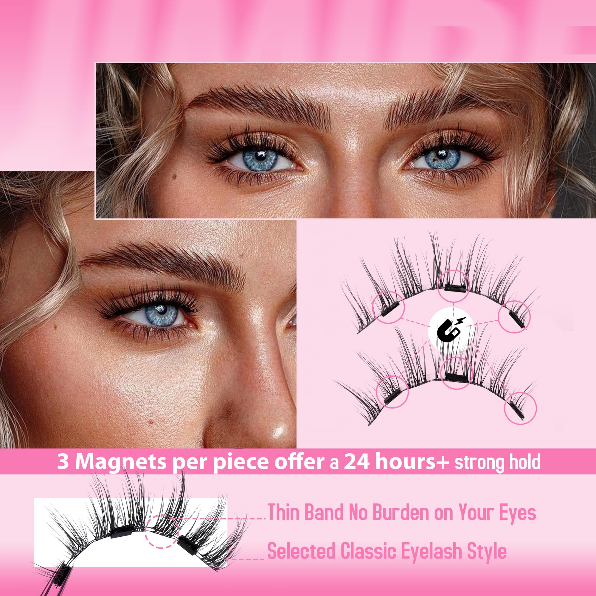 Natural Magnetic Eyelashes Wispy Magentic Lashes Reusable Clear Band Magnetic Eyelashes Kit With Applicator No Glue Needed Magne