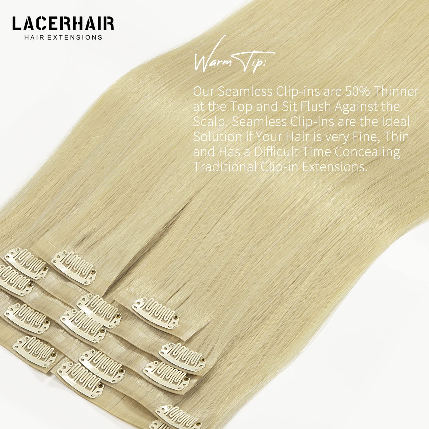 Lacer Hair 22 Inch Glam Seamless Hair Extensions Clip in Human Hair with Invisible Thin PU Skin Weft Remy Natural Hair Extension