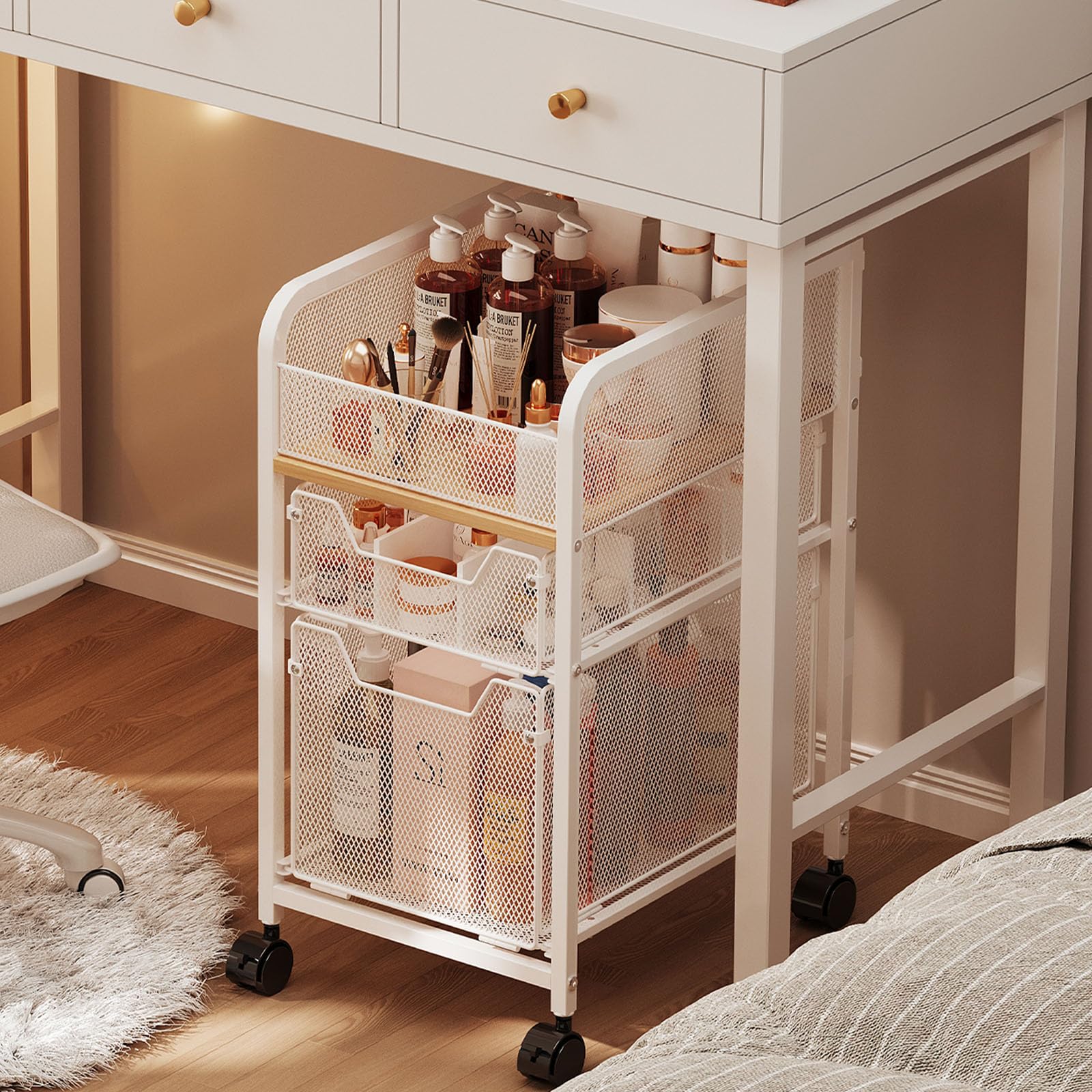 Hongtamoya Rolling Makeup Cart Organizer with 2 Drawers, Narrow Floor Skincare Organizers, Vanity Organizer Cosmetics Display Ca