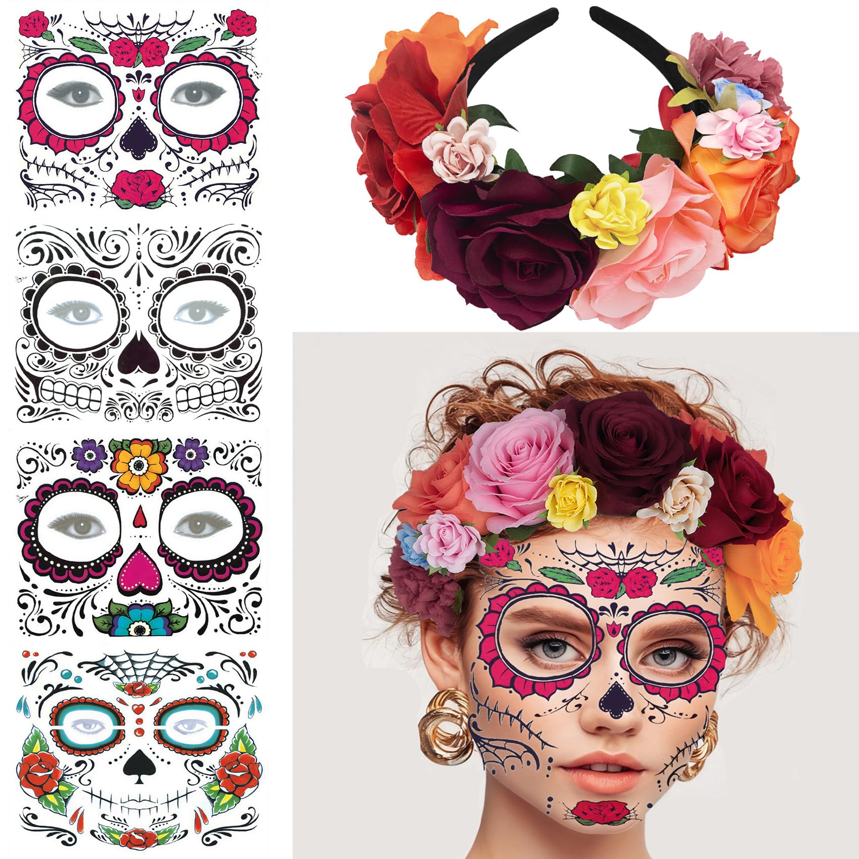 4 Kits Day of the Dead Sugar Skull Temporary Face Tattoos Makeup Costumes for Women and Men, DIY Skeleton Face Tattoos with 1 Ro